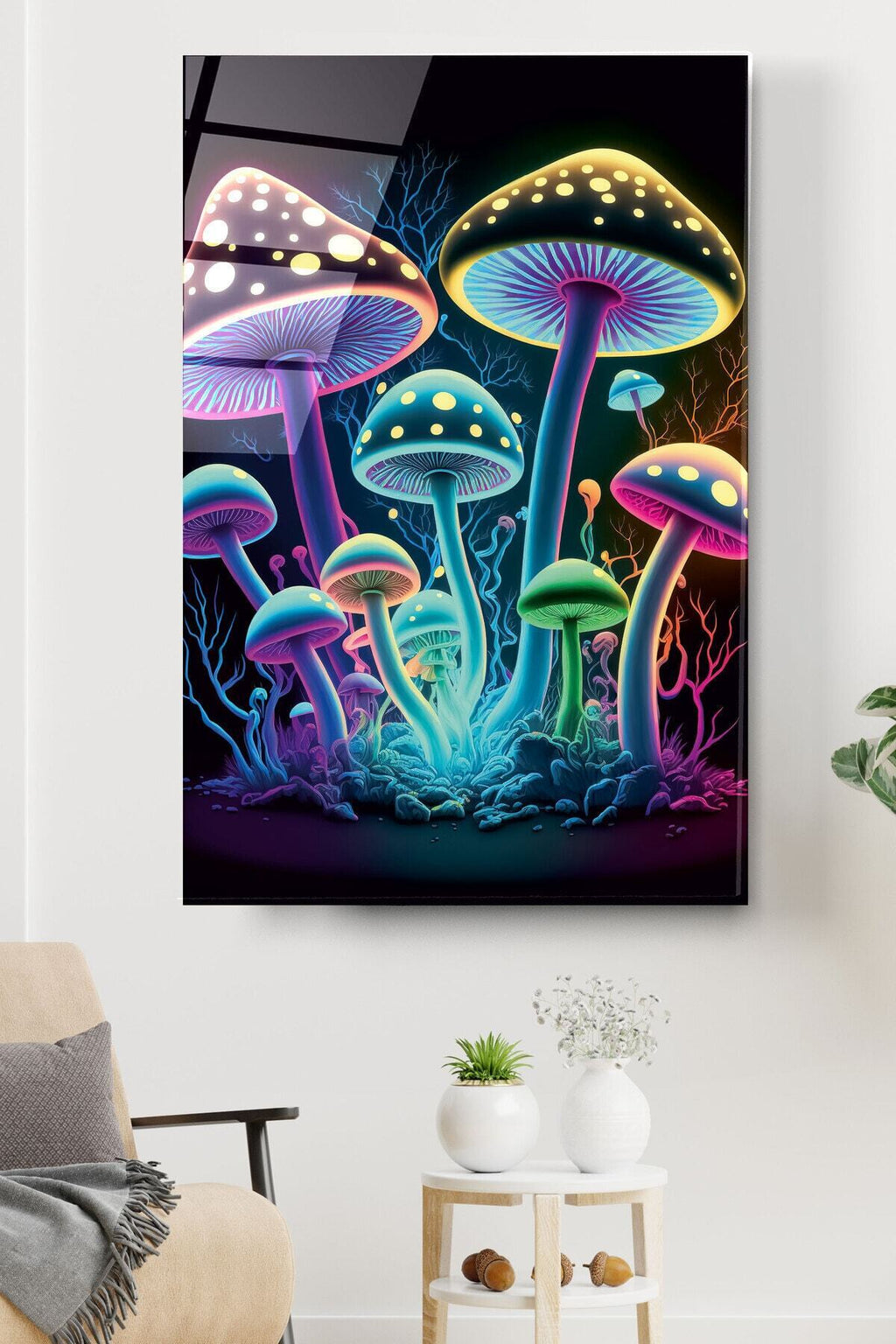 Neon Mantarlar Cam Tablo, Dekoratif Cam Tablo (50 x 70)