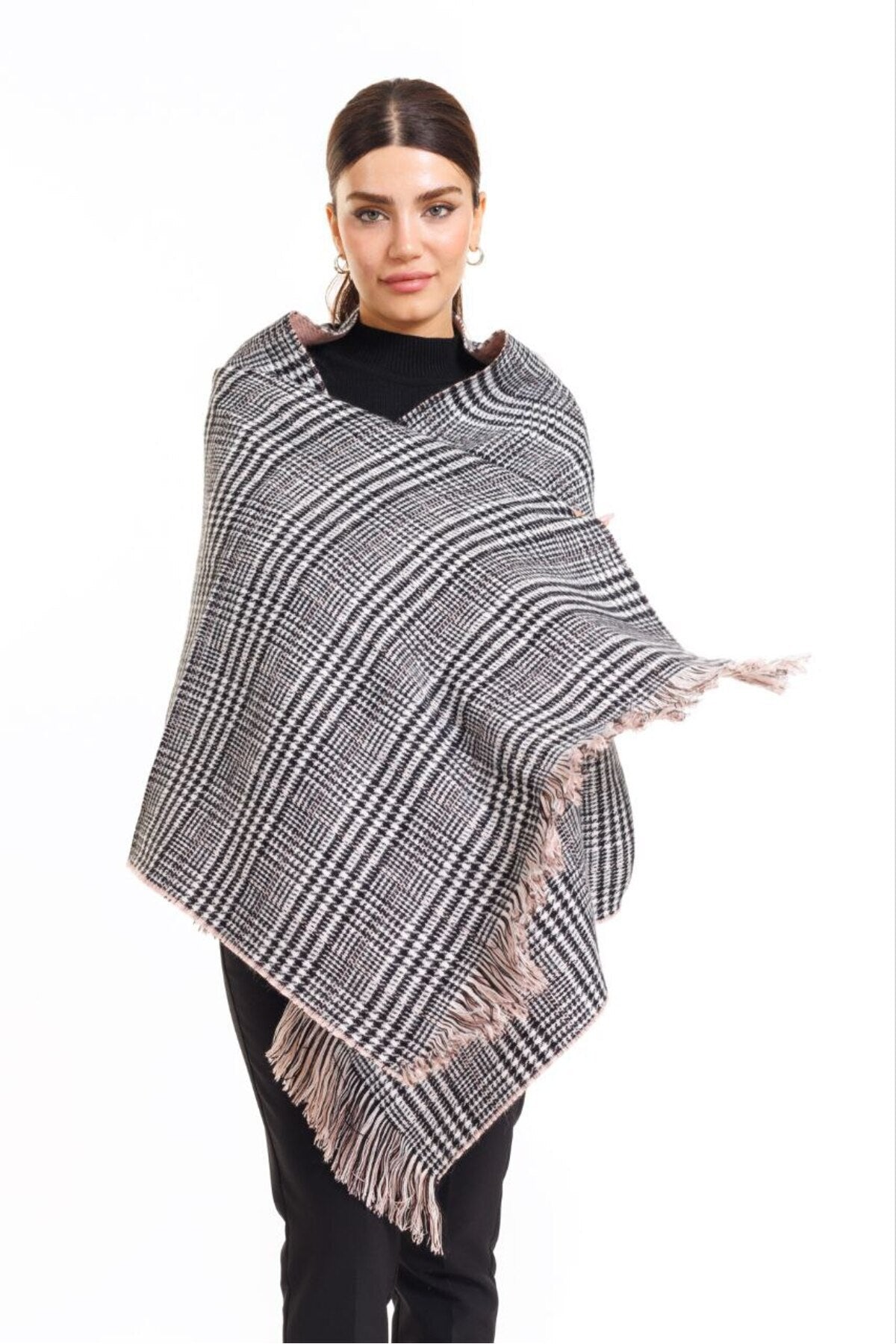 Çift Taraflı Ekoseli Yünlü Omuz Şalı - 70x190cm - Kışlık Şal (Tek Ebat)