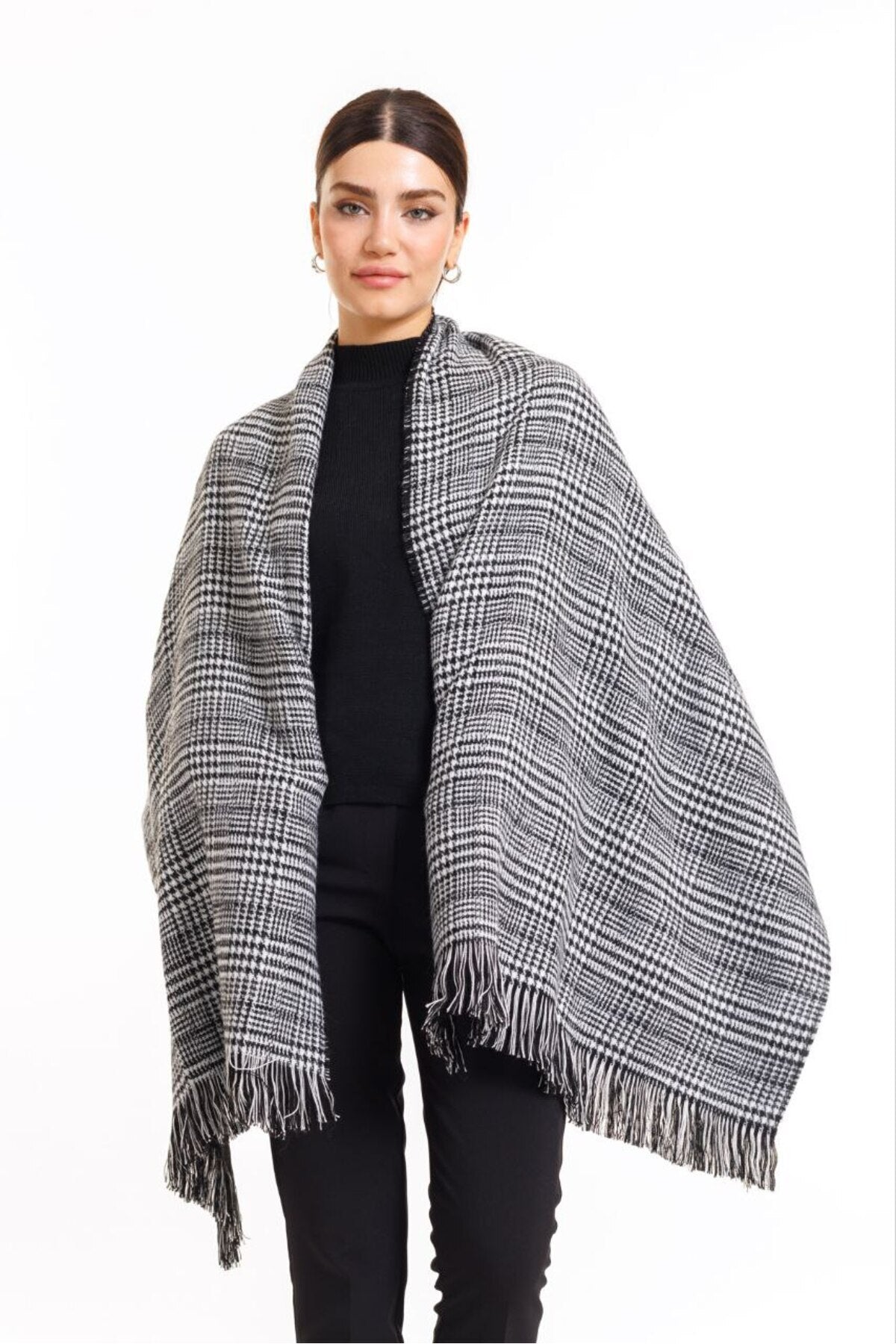 4 Mevsimlik Çift Taraflı Ekoseli Yünlü Omuz Şalı - 70x190cm - Kışlık Şal (Tek Ebat)