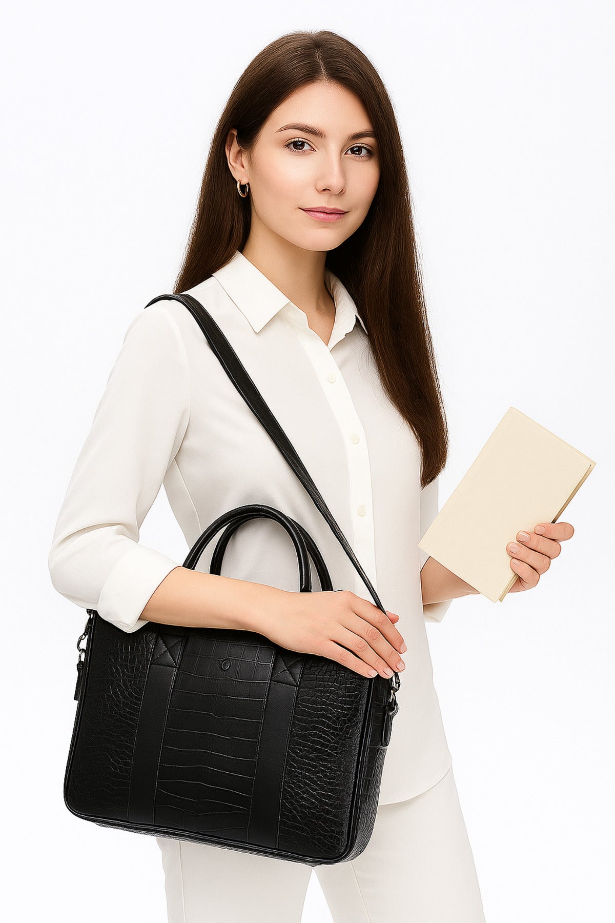 Siyah Kroko Desenli Macbook Organizer 13 ve 14 İnç Laptop Evrak Çantası
