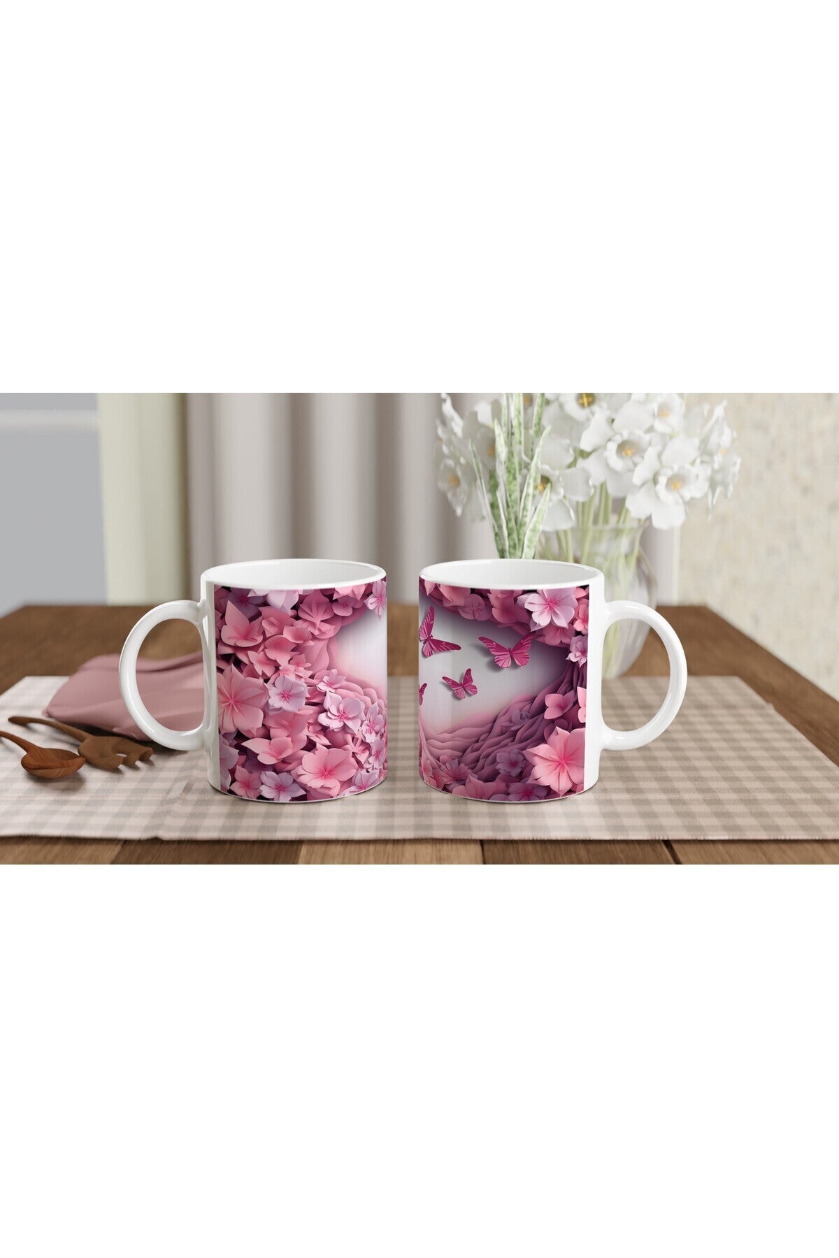 Pembe Çiçekler ve Kelebeklerle Bezeli Romantik Baskılı Kupa Bardak