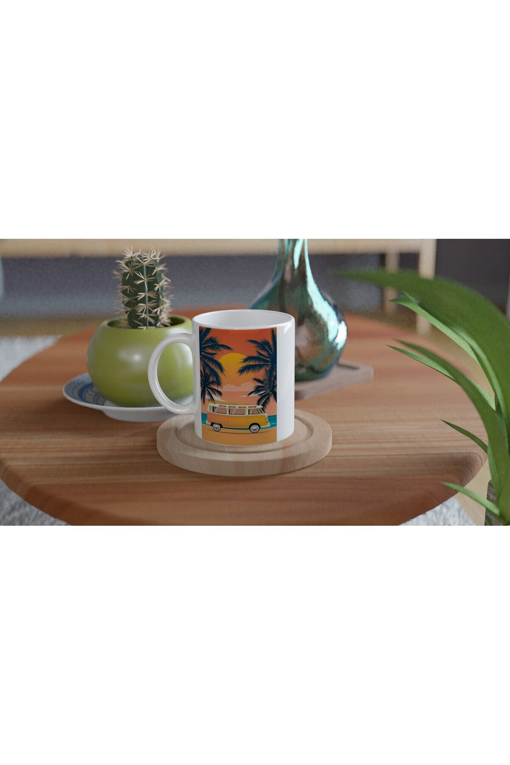 Gün Batımında Palmiye ve Surf Minibüsü Temalı Retro Kupa Bardak