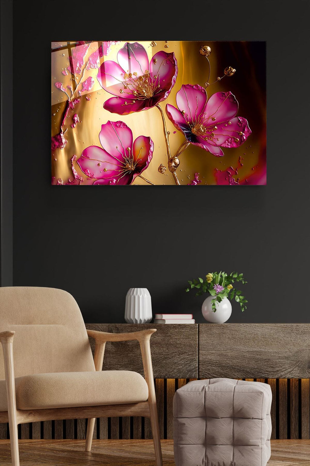 Pink Flowers Cam Tablo, Dekoratif Cam Tablo