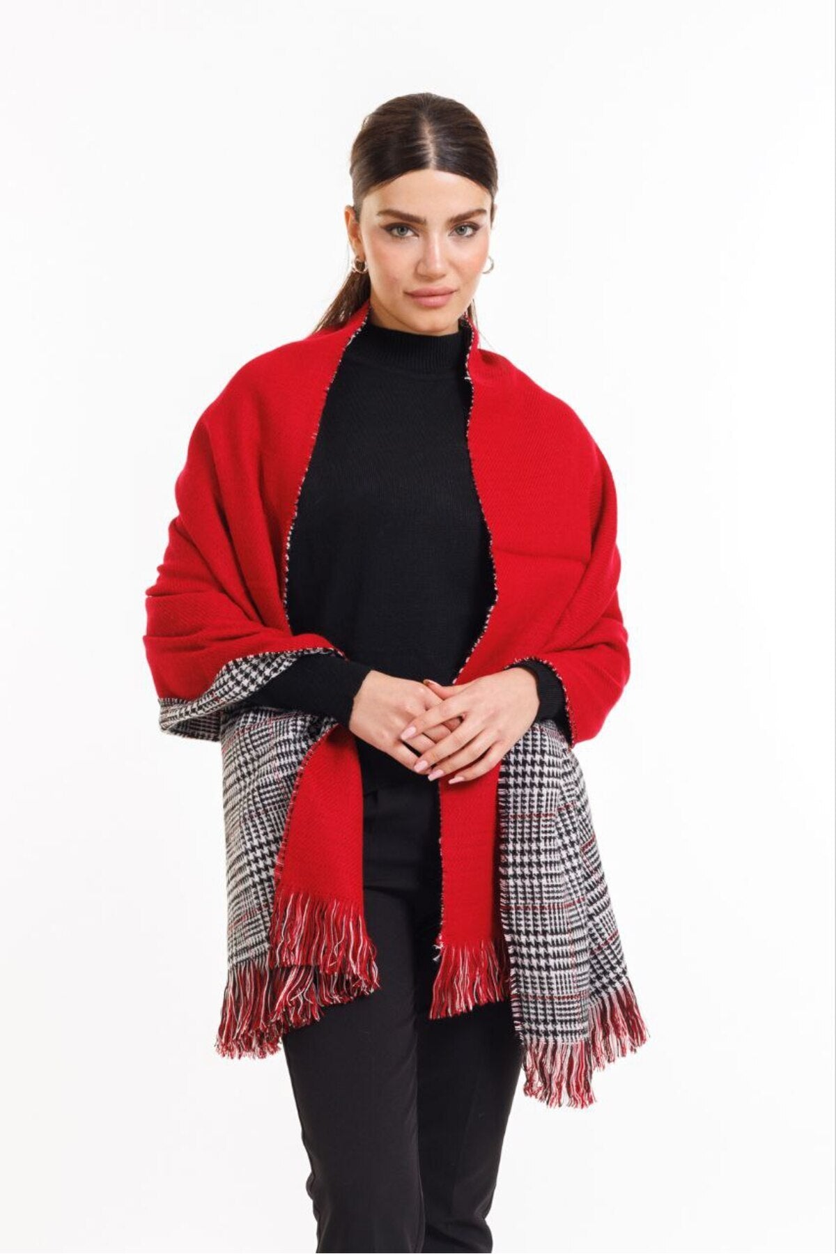 Çift Taraflı Ekoseli Yünlü Omuz Şalı - 70x190cm - Kışlık Şal (Tek Ebat)