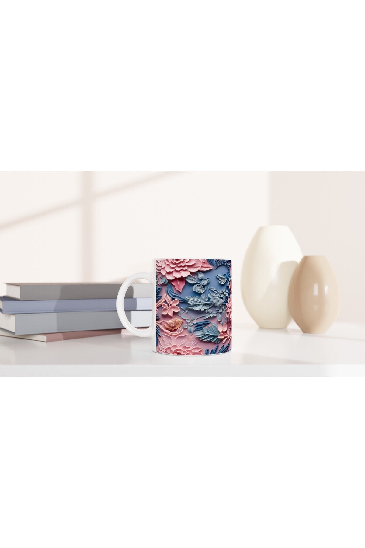 Pembe ve Mavi Geçişli Rölyef Çiçekli Kupa Bardak