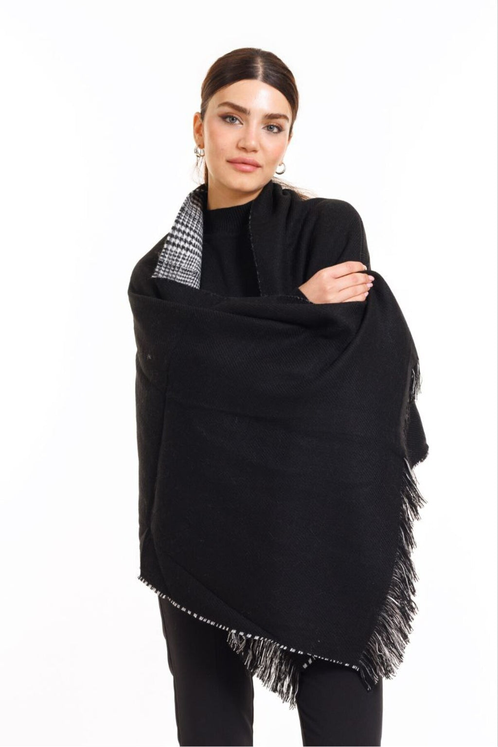 4 Mevsimlik Çift Taraflı Ekoseli Yünlü Omuz Şalı - 70x190cm - Kışlık Şal (Tek Ebat)