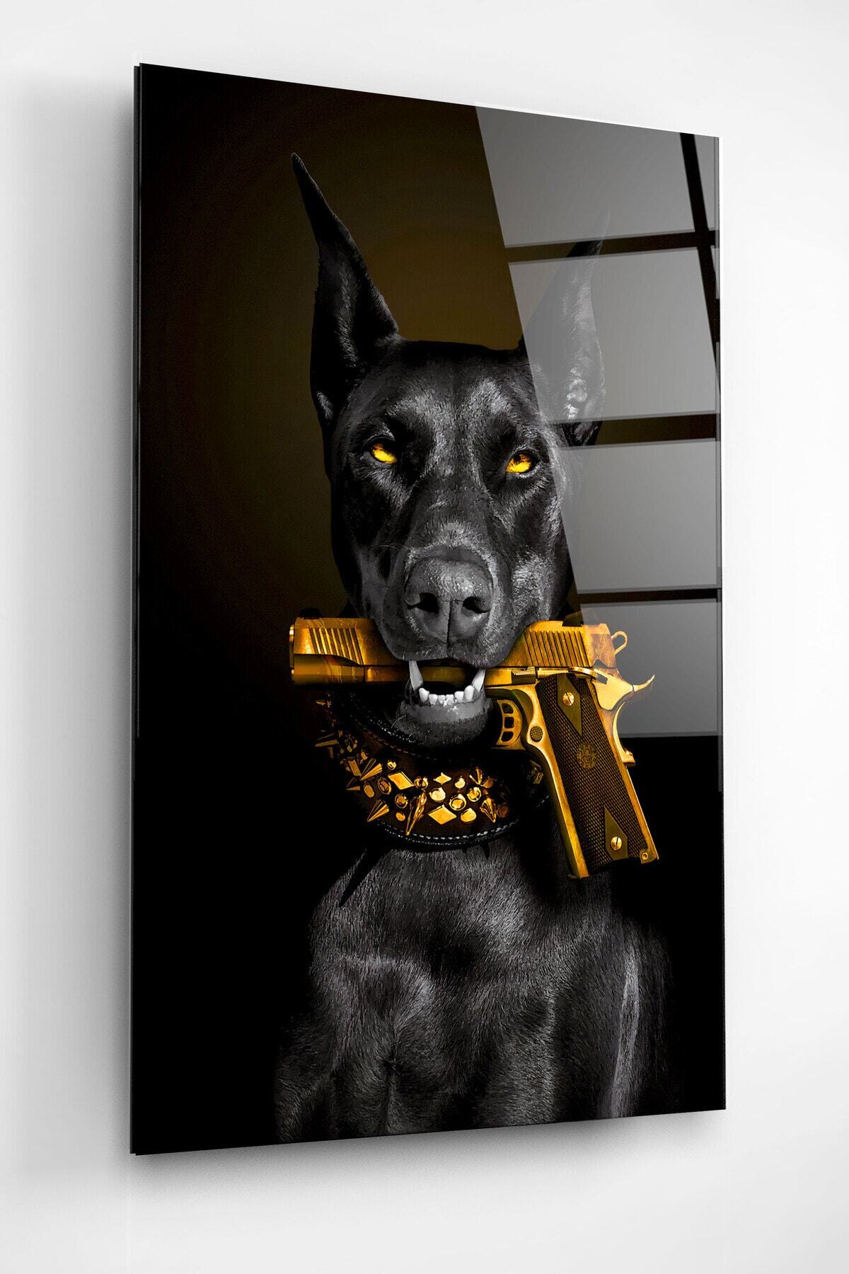 Doberman Gold Cam Tablo, Dekoratif Cam Tablo