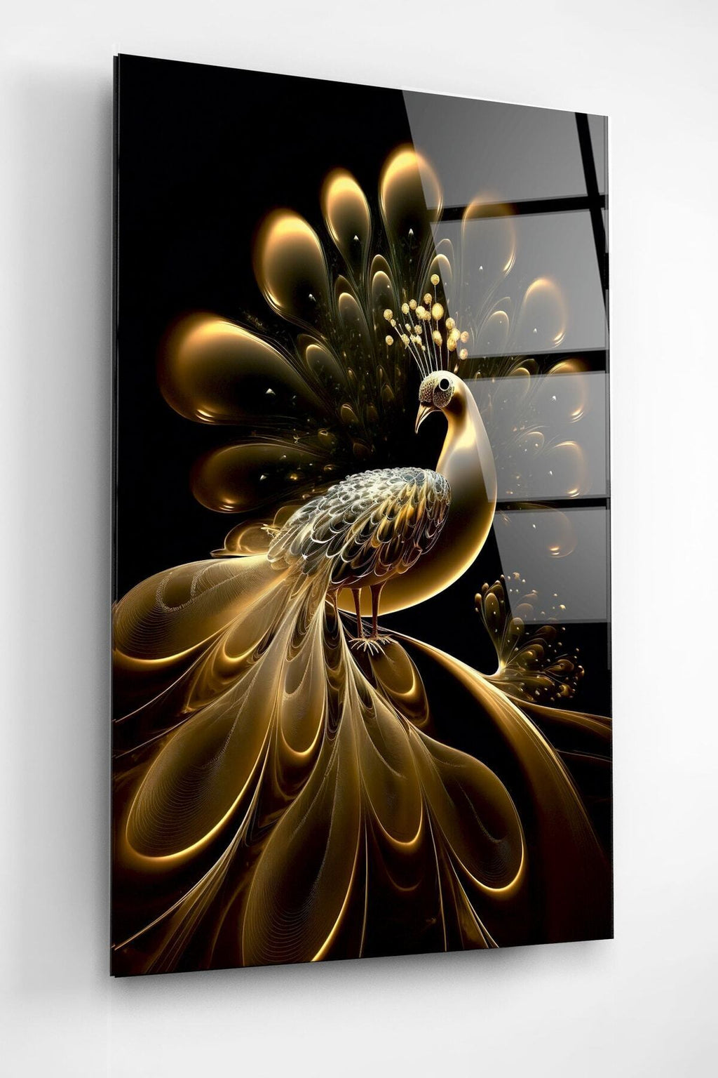 Gold Tavus Kuşu Cam Tablo, Dekoratif Cam Tablo (80 x 120)