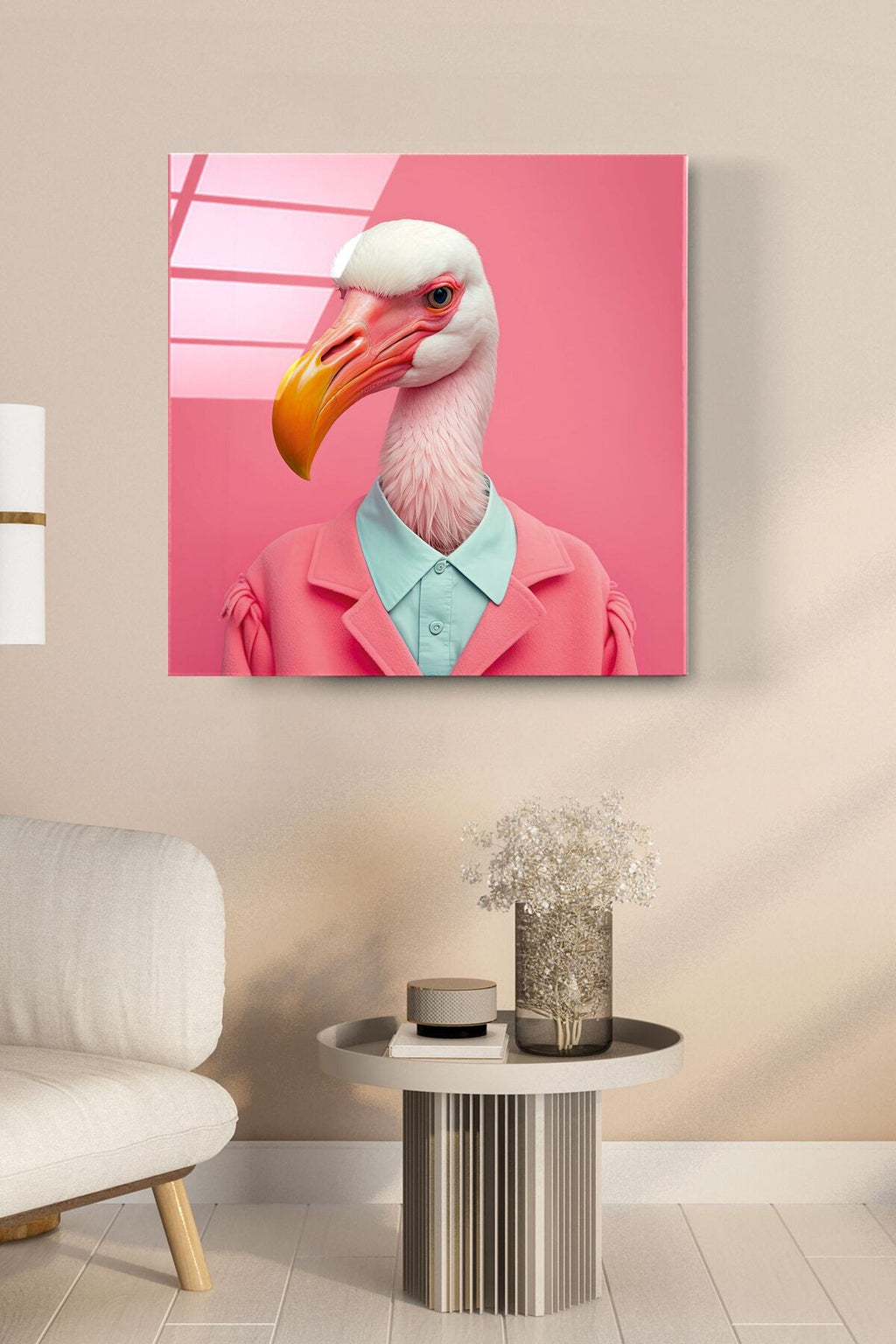 Flamingo Portre Cam Tablo, Dekoratif Cam Tablo