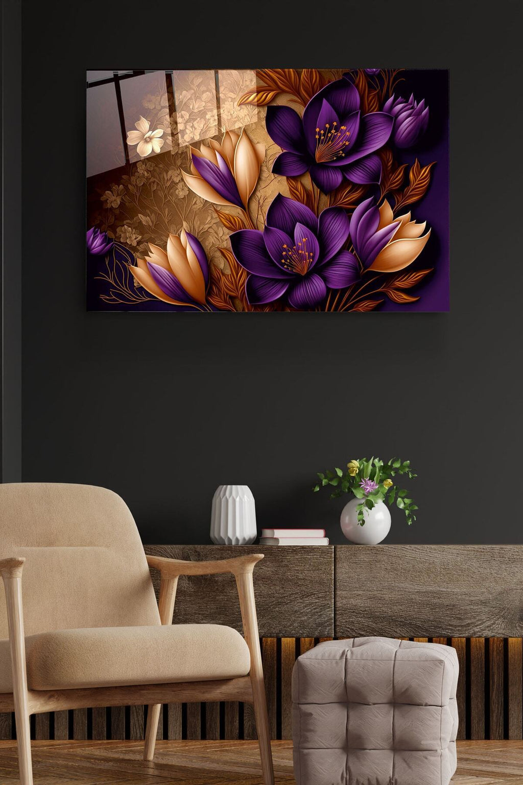 Mor Çiğdem Cam Tablo, Dekoratif Cam Tablo (50 x 70)