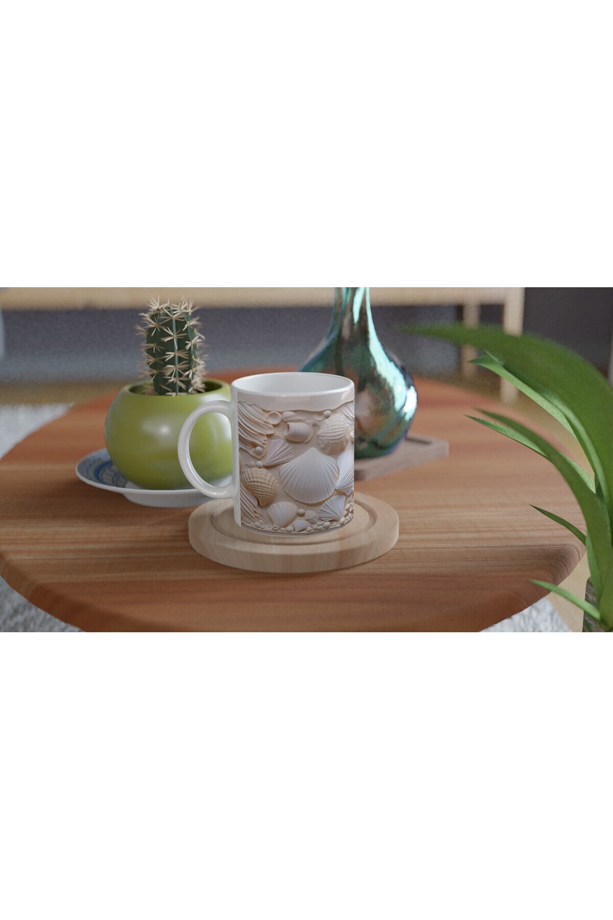 Pastel Kabuk Desenli Sade ve Şık Su Altı Temalı Kupa Bardak