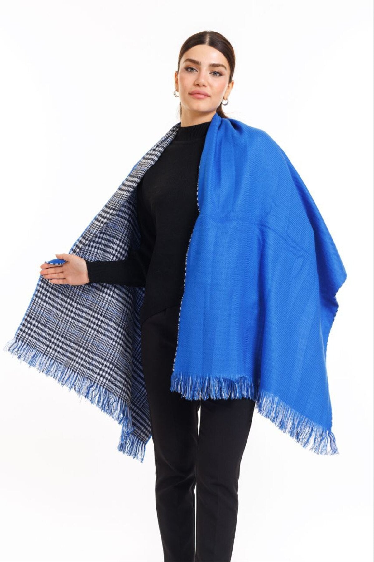 Çift Taraflı Ekoseli Yünlü Omuz Şalı - 70x190cm - Kışlık Şal (Tek Ebat)