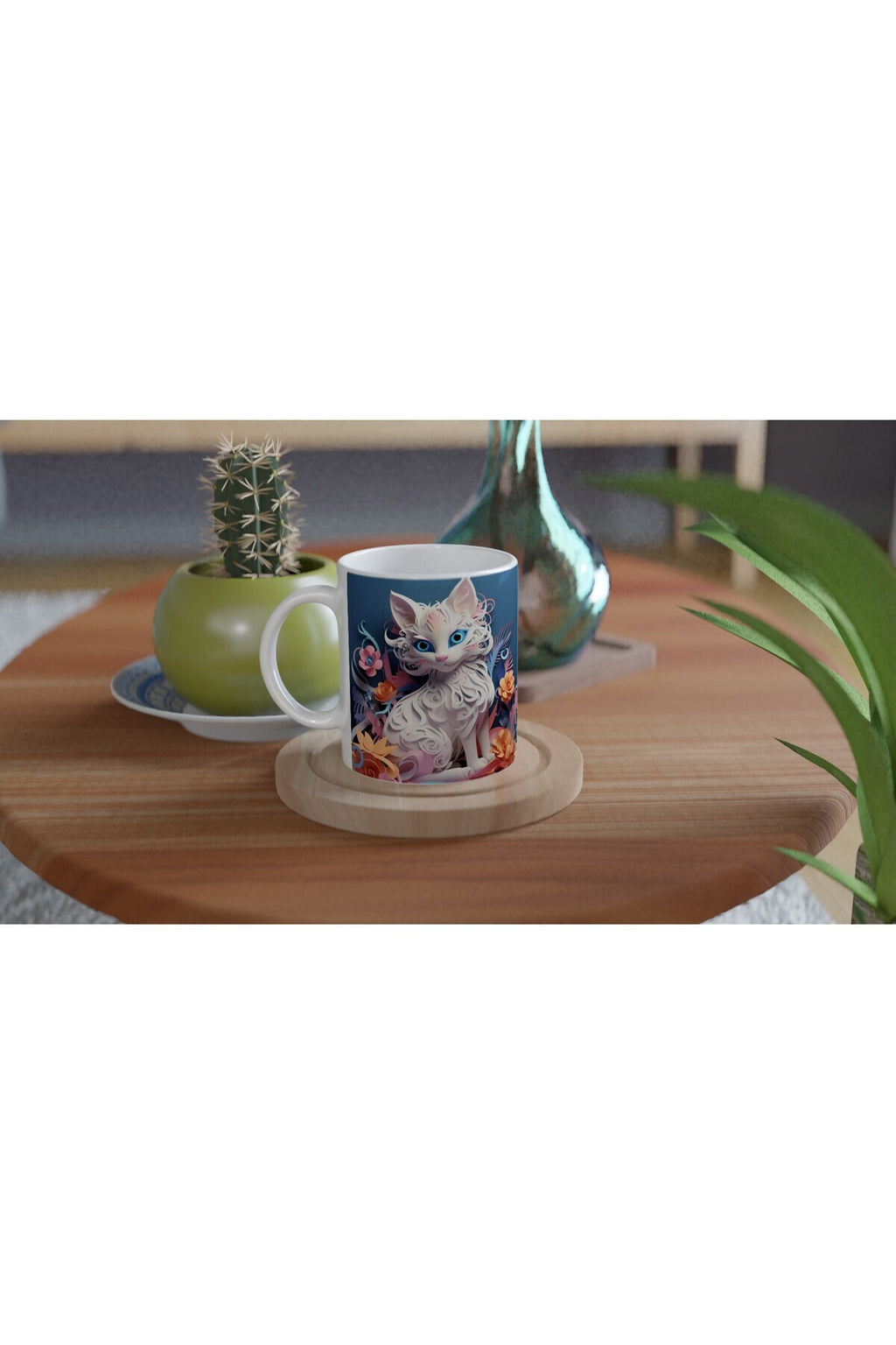 Beyaz Kedi Baskılı Kupa Bardak