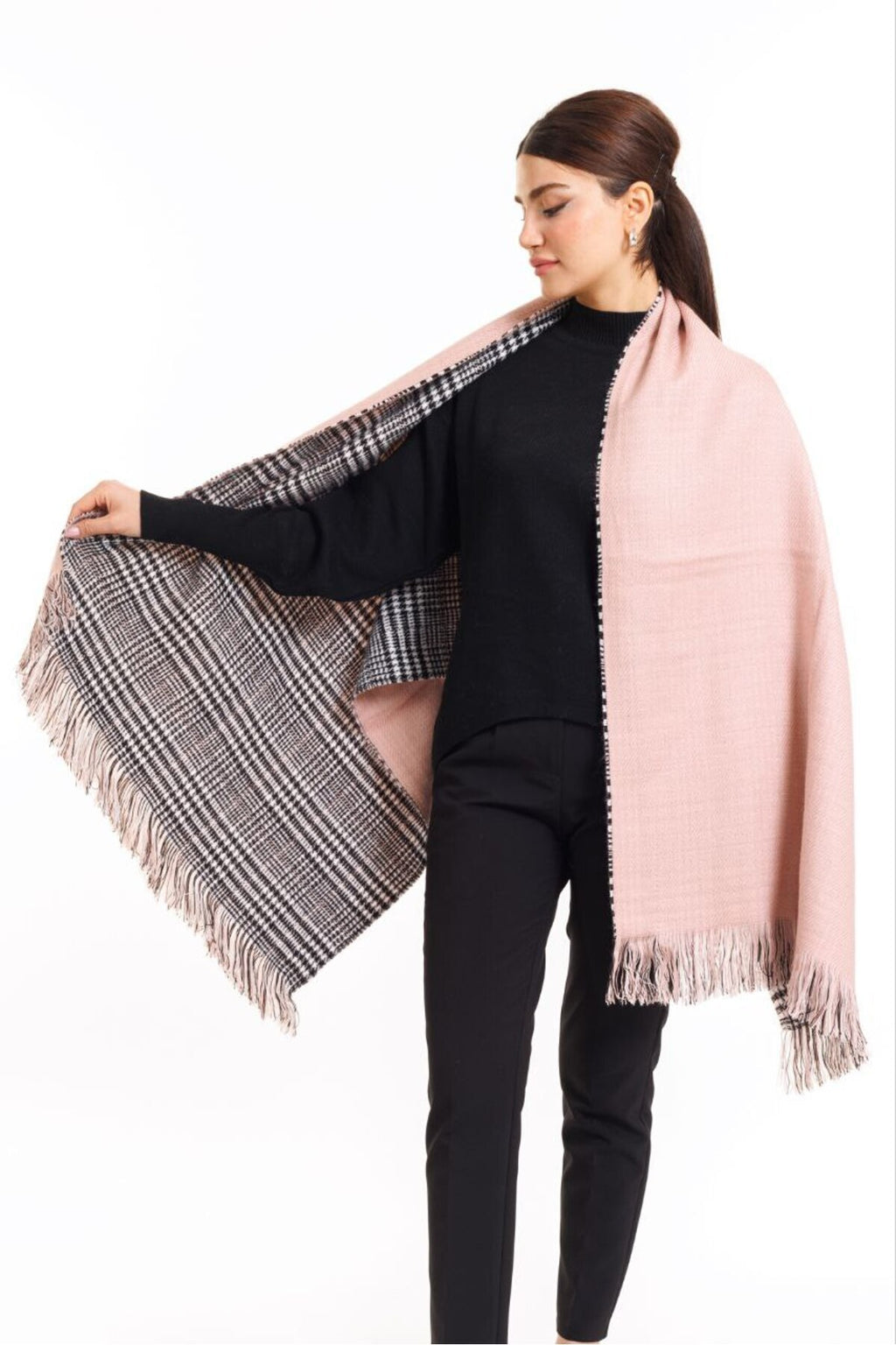 Çift Taraflı Ekoseli Yünlü Omuz Şalı - 70x190cm - Kışlık Şal (Tek Ebat)