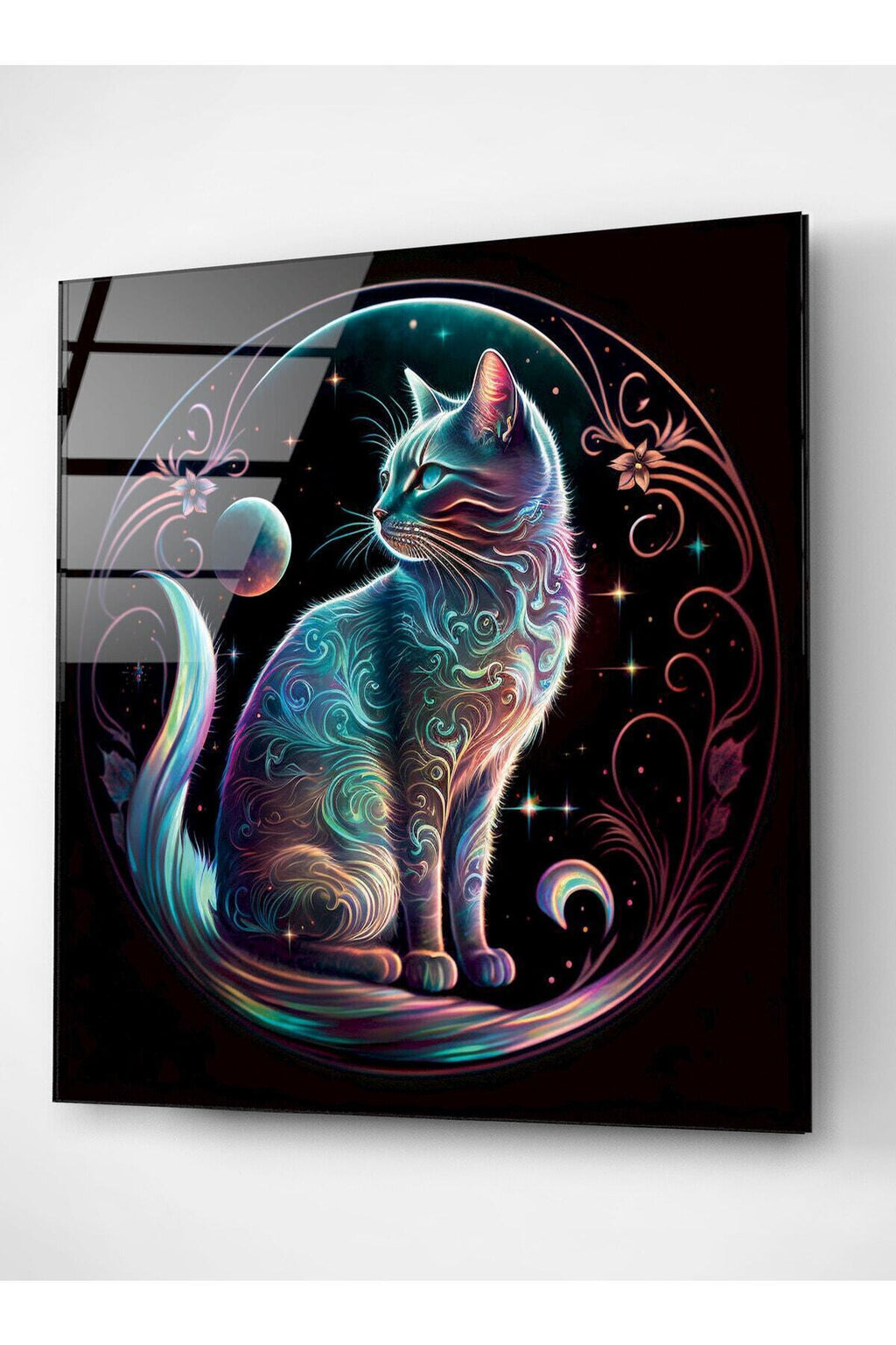 Neon Kedi Cam Tablo, Dekoratif Cam Tablo