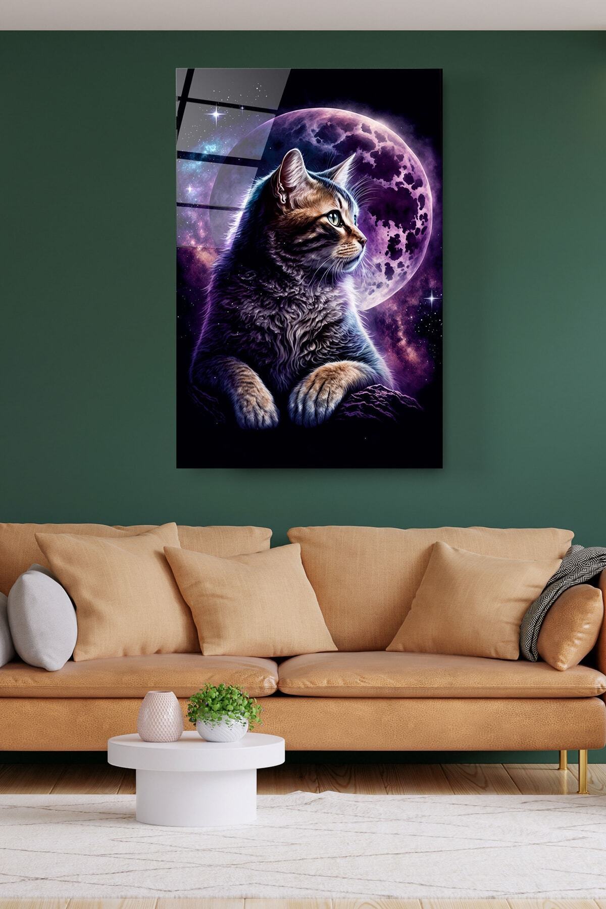 Kedi Ve Dolunay Cam Tablo, Dekoratif Cam Tablo