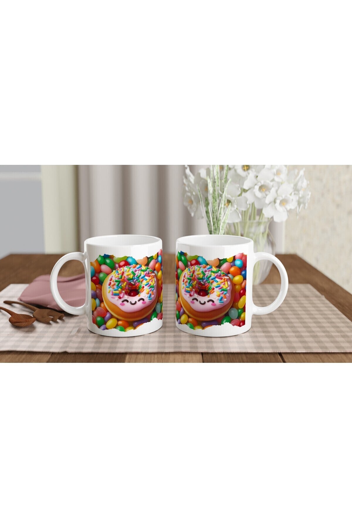 Gülen Donut ve Renkli Şekerler Temalı Çocuklara Özel Baskılı Kupa Bardak