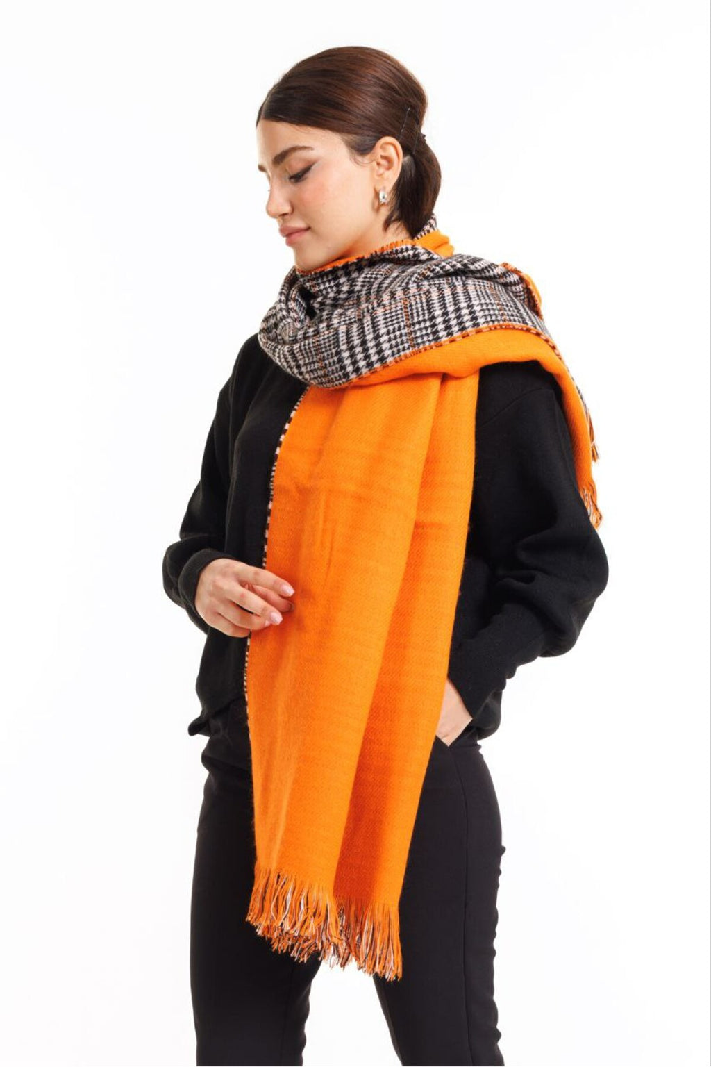 Çift Taraflı Ekoseli Yünlü Omuz Şalı - 70x190cm - Kışlık Şal