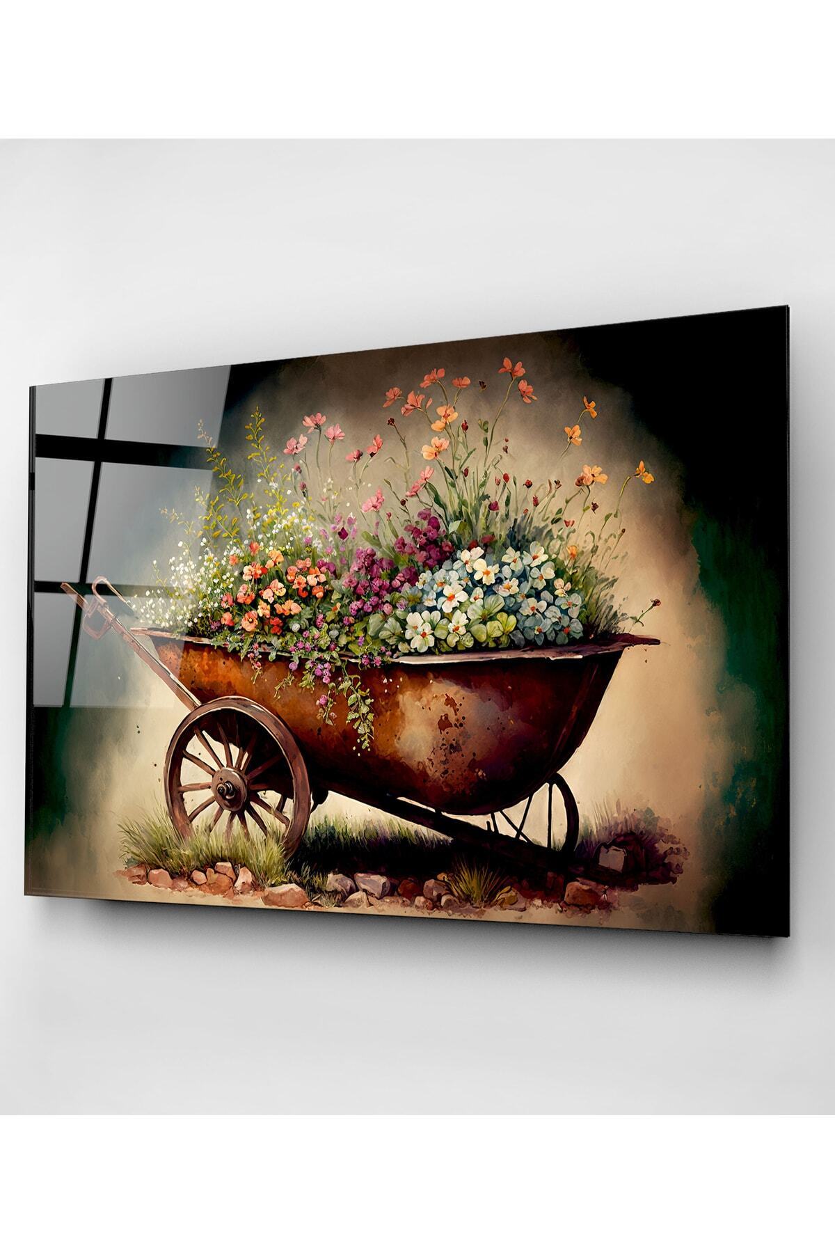 Çiçekli El Arabası Cam Tablo, Dekoratif Cam Tablo (60 x 90)