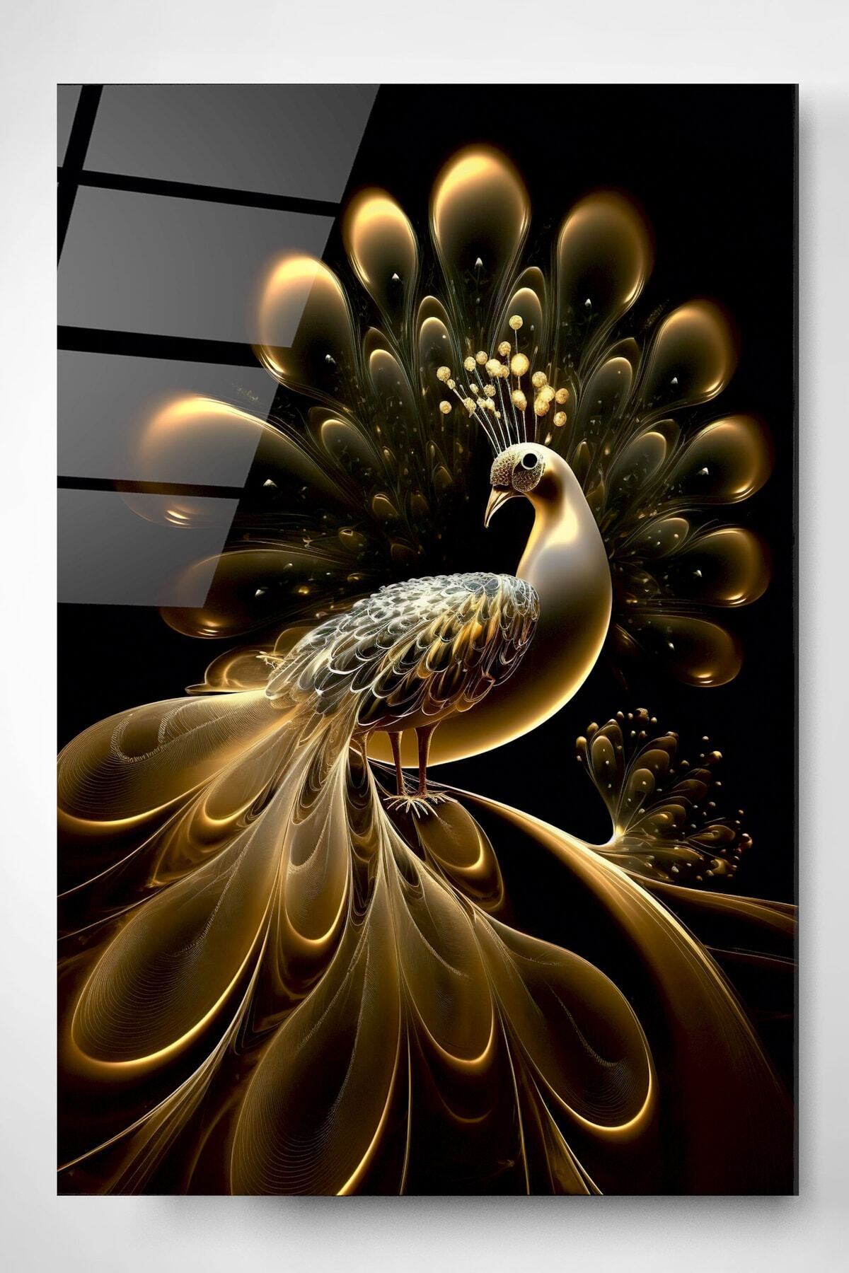 Gold Tavus Kuşu Cam Tablo, Dekoratif Cam Tablo (80 x 120)