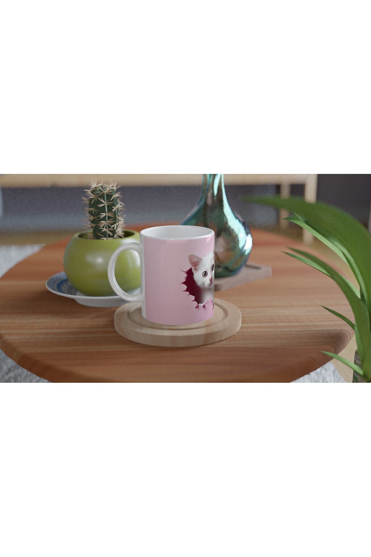 Pembe Zeminden Bakan Gerçekçi Yavru Kediler Temalı Baskılı Kupa Bardak