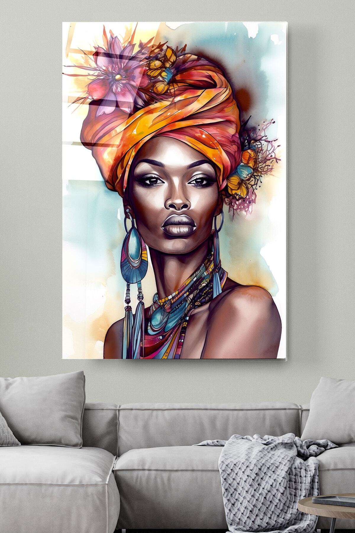 Dekoratif Afrikalı Kadın Dekoratif Cam Tablo