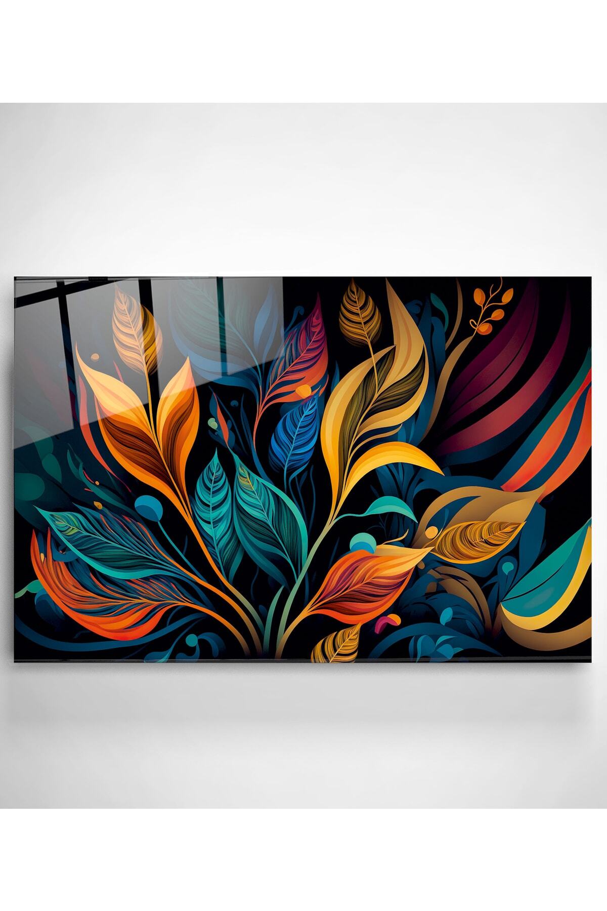Colorful Leaf Cam Tablo, Dekoratif Cam Tablo (60 x 90)