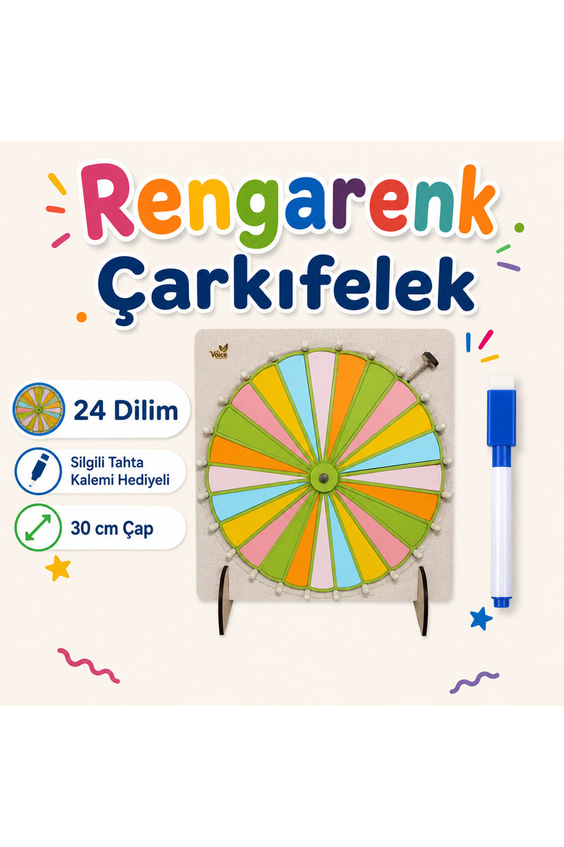 24 DİLİM Renkli Çarkıfelek Oyunu Ahşap Eğitim Materyali + MES Akademi Eğitim Seti Hediye!