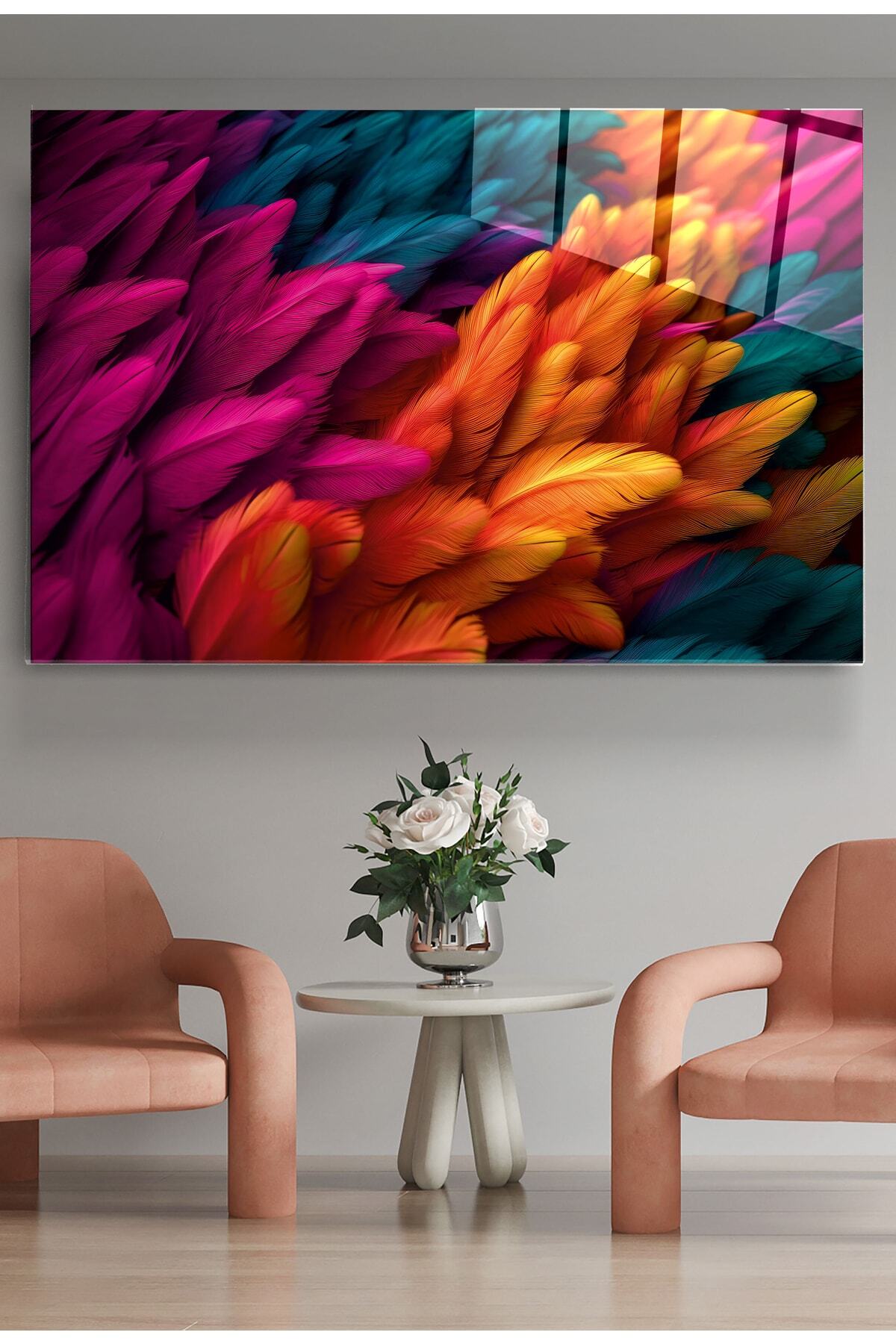Renkli Tüyler Cam Tablo, Dekoratif Cam Tablo (80 x 120)
