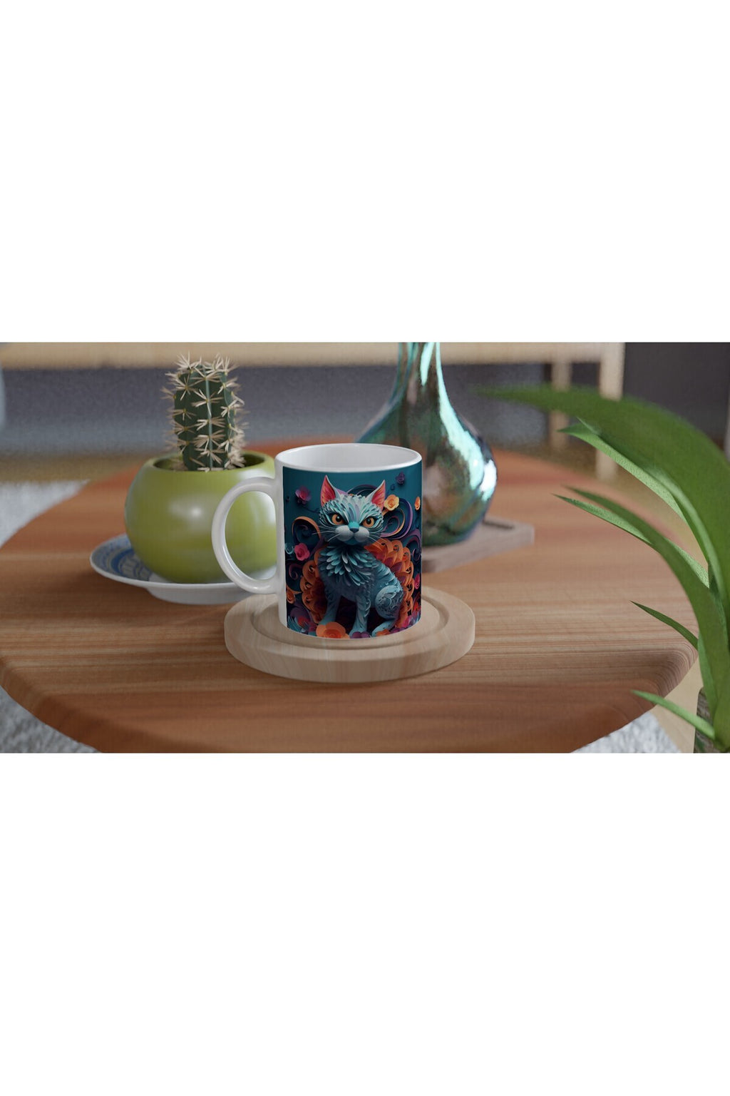 Çiçekli Sanatsal Kedi Baskılı Kupa Bardak