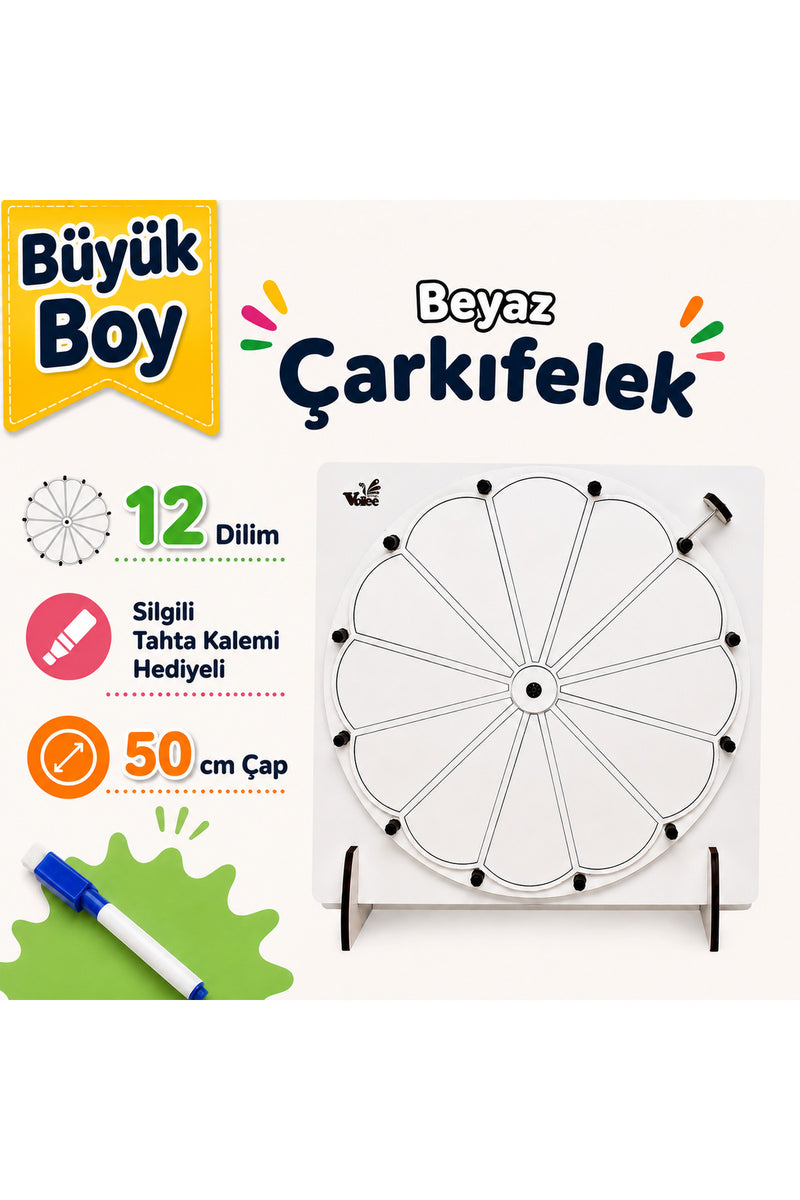 BÜYÜK BOY 12 DİLİM Beyaz Çarkıfelek Oyunu Ahşap Eğitim Materyali + MES Akademi Eğitim Seti Hediye!