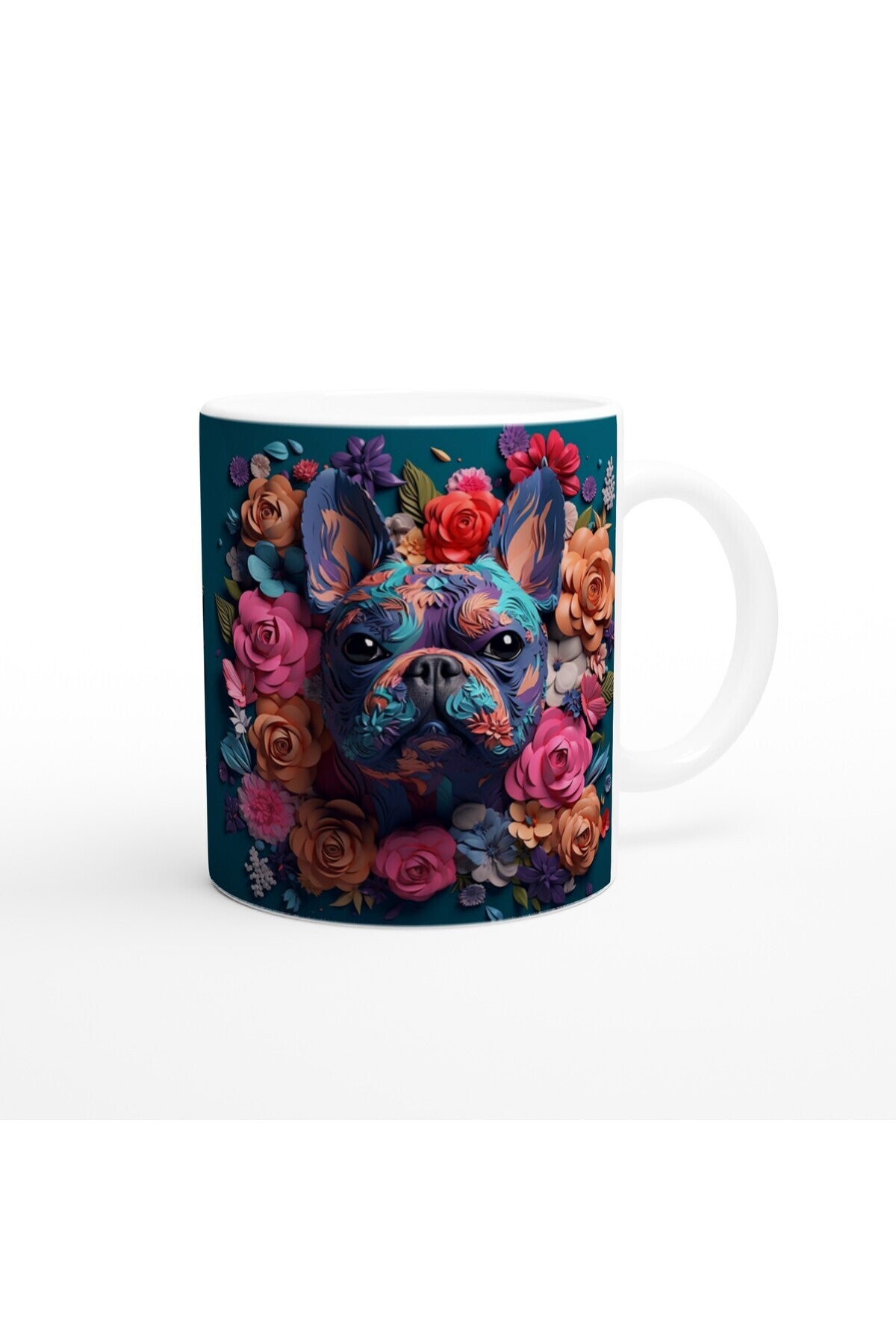 Çiçek Desenli Fransız Bulldog Temalı Baskılı Kupa Bardak