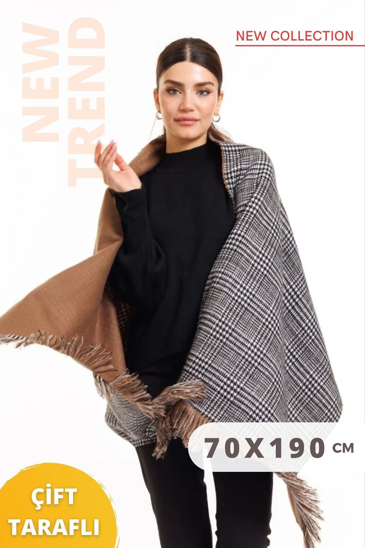 Çift Taraflı Kahverengi Renk Ekoseli Yünlü Omuz Şalı 70x190cm Bağlanabilir Kışlık Kadın Atkı Şal