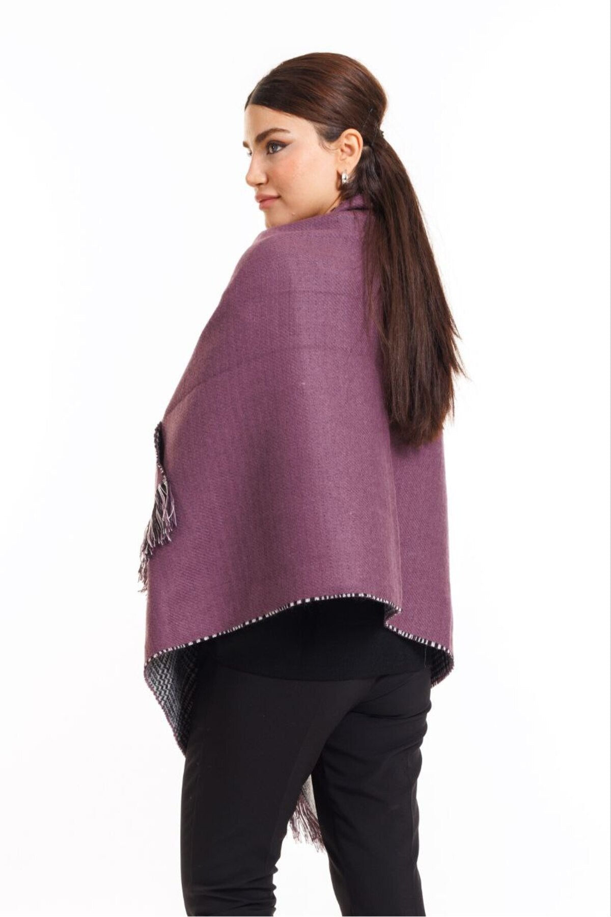 Çift Taraflı Ekoseli Yünlü Omuz Şalı - 70x190cm - Kışlık Şal (Tek Ebat)