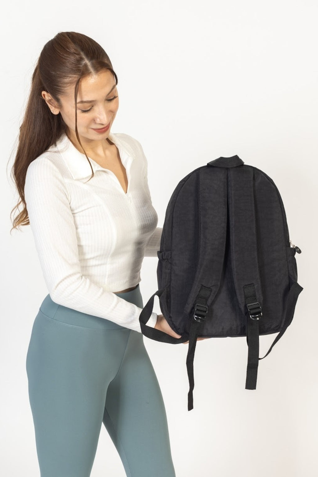Siyah Unisex Krinkıl Kumaş Sırt Çantası Ortaokul Lise Çantası Seyahat Çantası Su Geçirmez