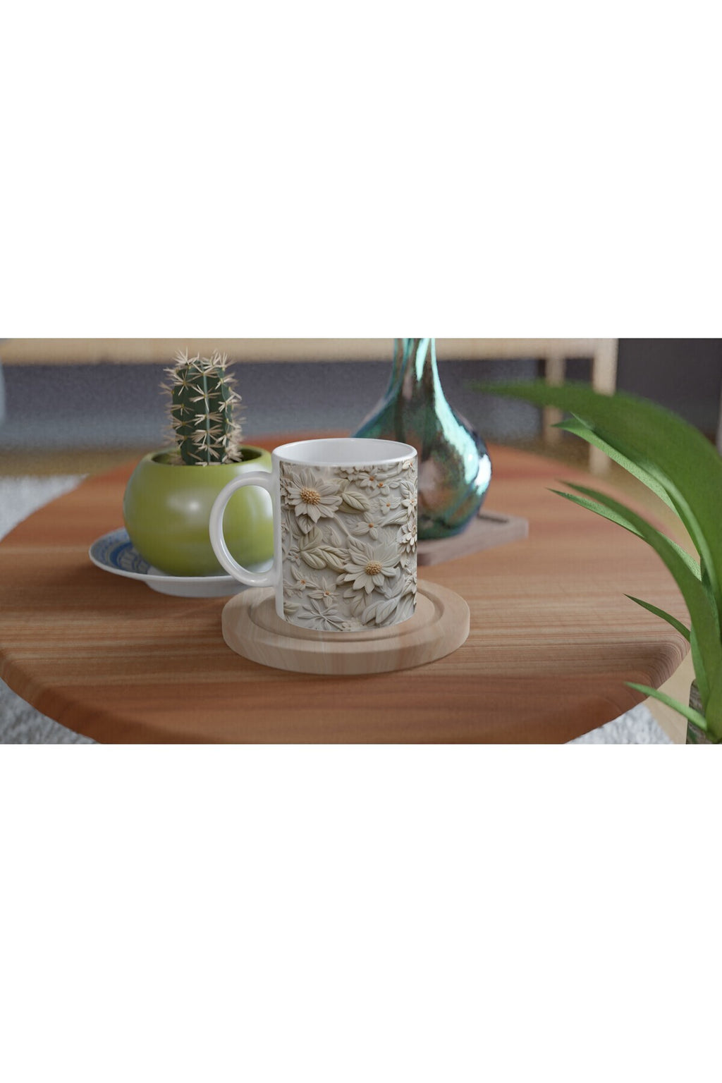 Krem Bahar Rölyef Desenli Kupa Bardak