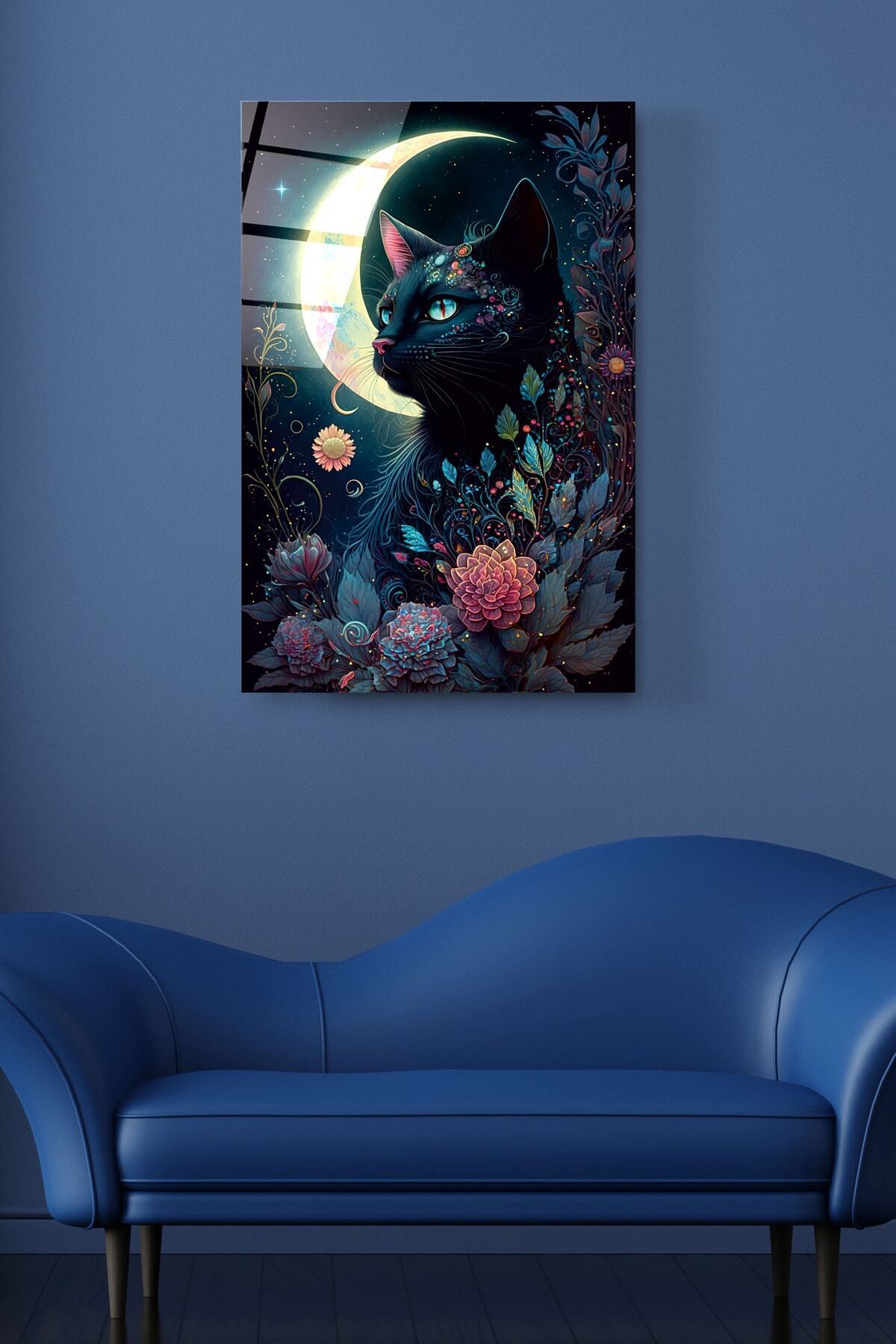 Moon And Cat Cam Tablo, Dekoratif Cam Tablo