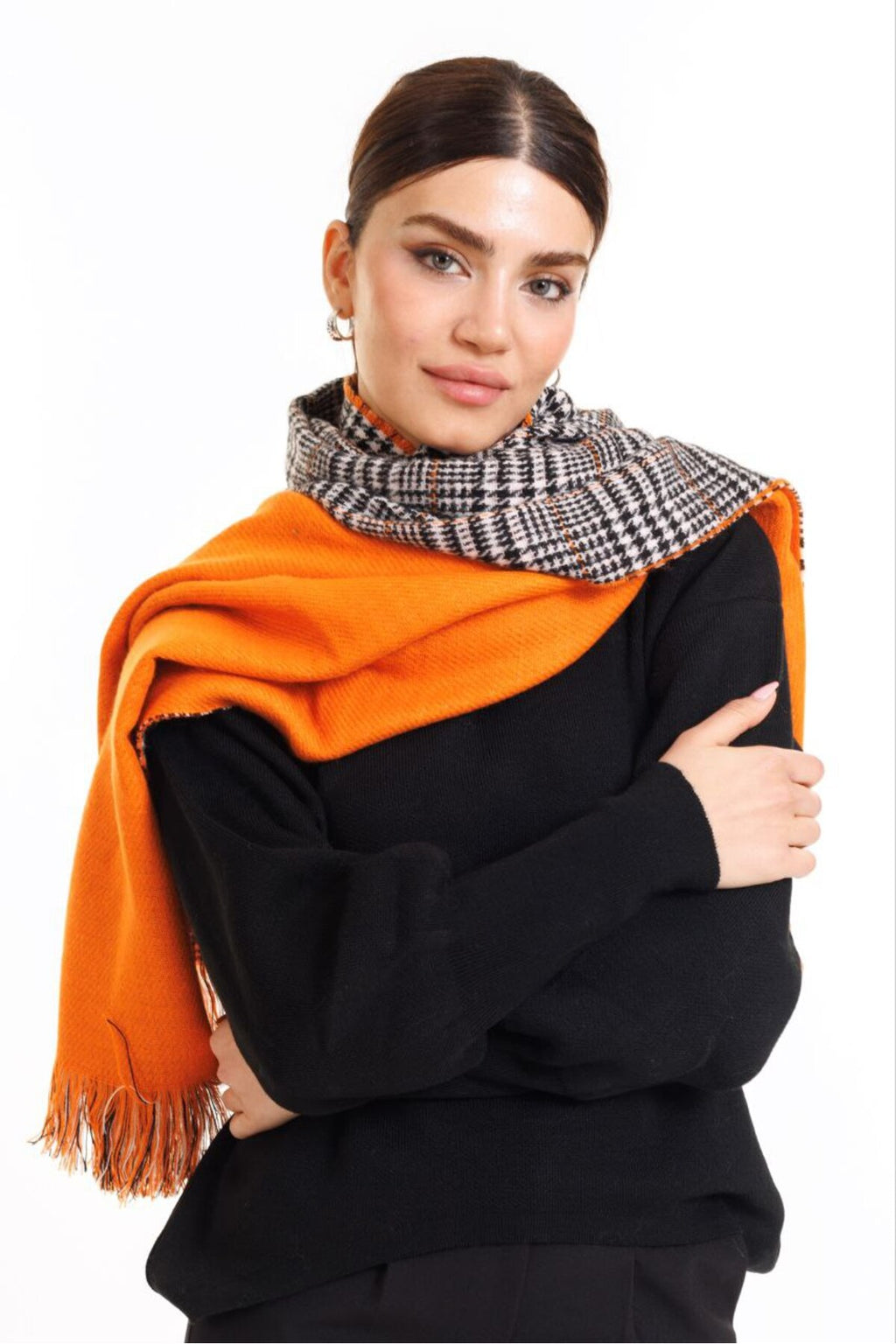 Çift Taraflı Ekoseli Yünlü Omuz Şalı - 70x190cm - Kışlık Şal