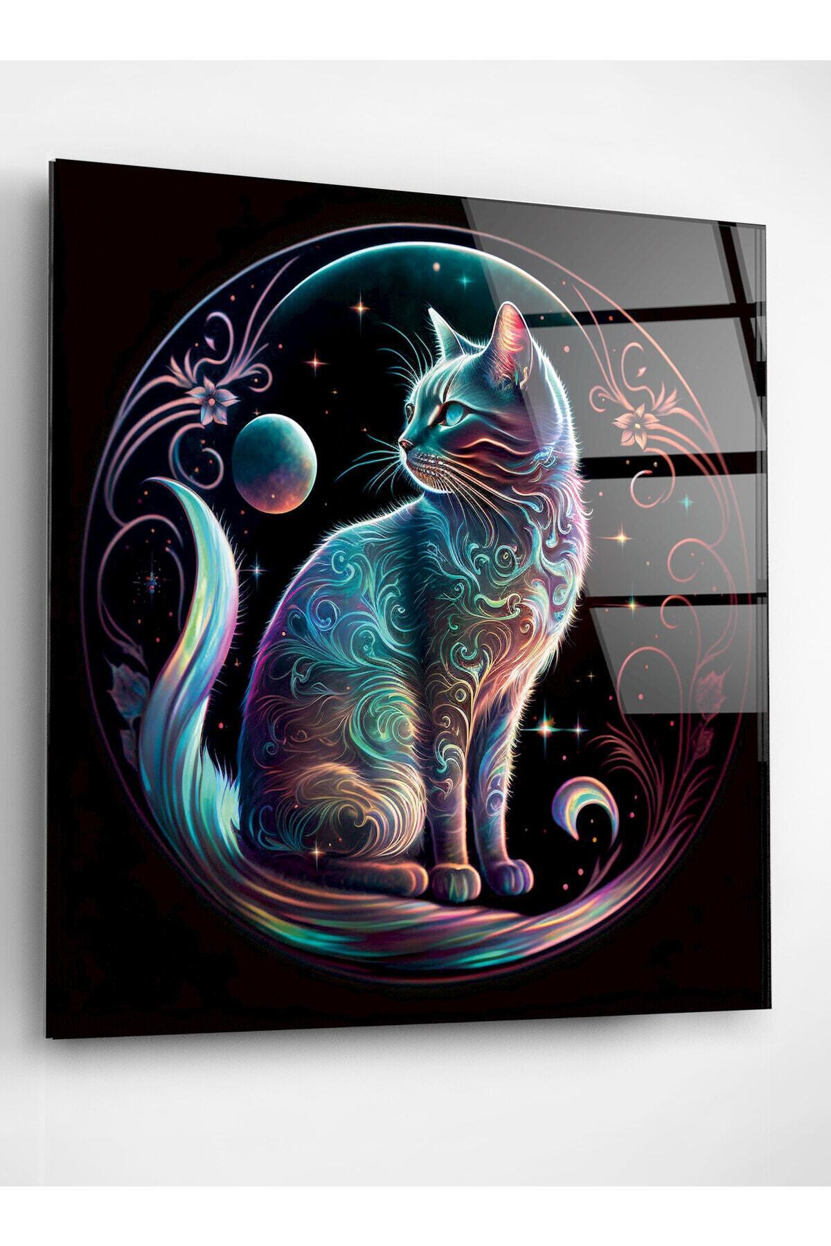 Neon Kedi Cam Tablo, Dekoratif Cam Tablo