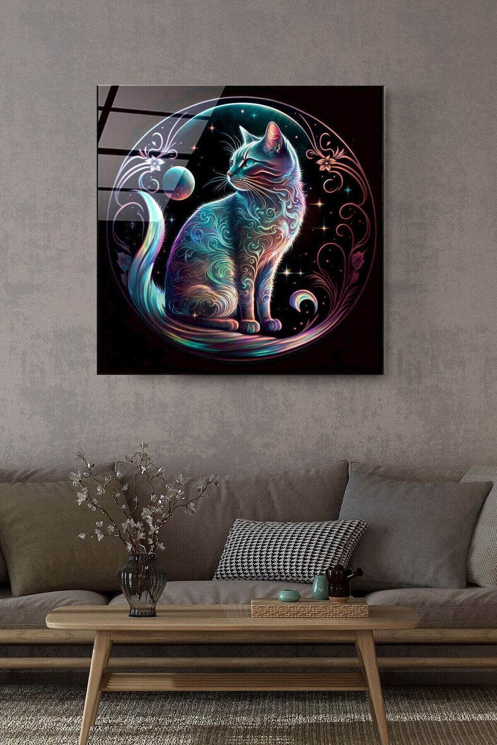 Neon Kedi Cam Tablo, Dekoratif Cam Tablo