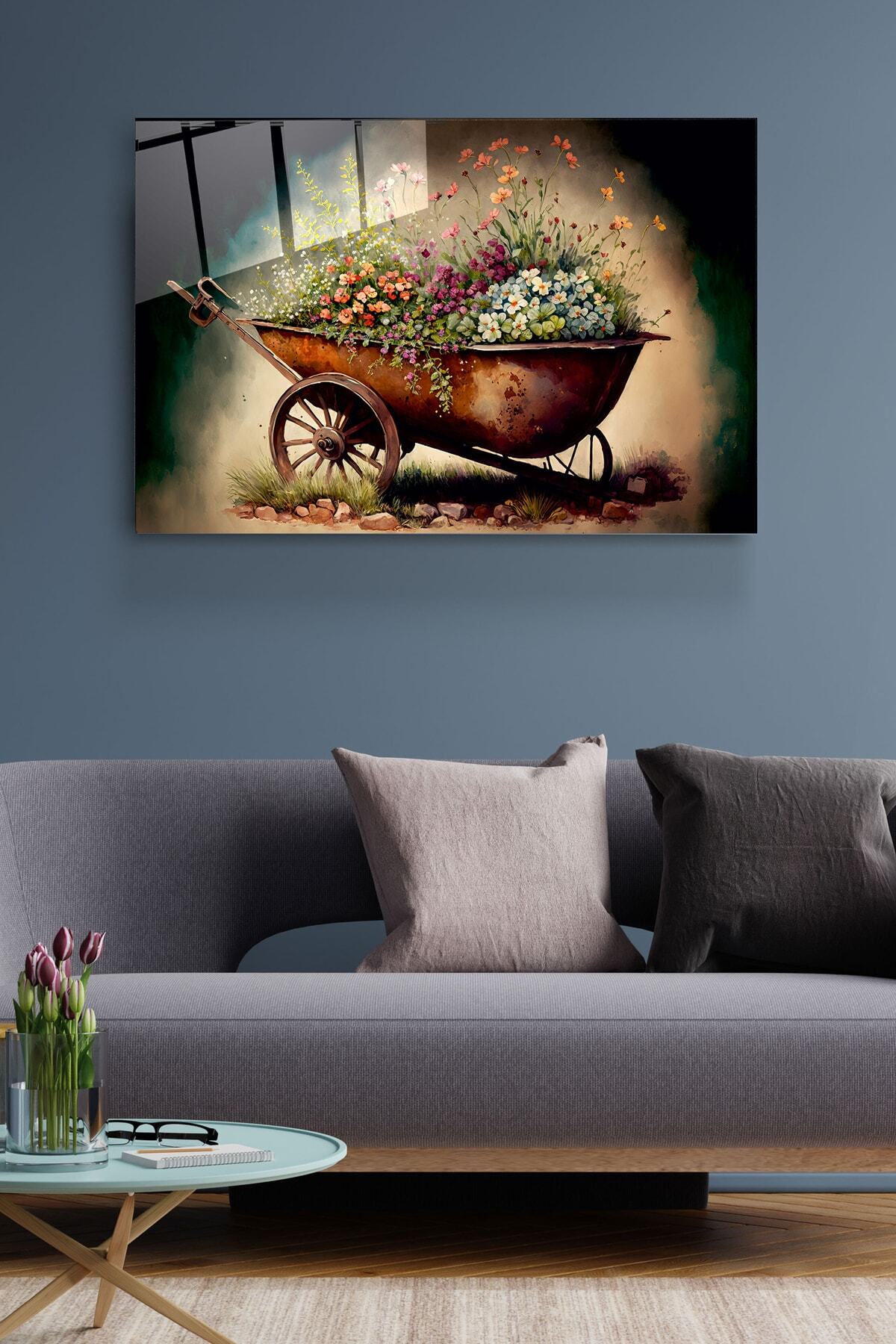 Çiçekli El Arabası Cam Tablo, Dekoratif Cam Tablo (80 x 120)