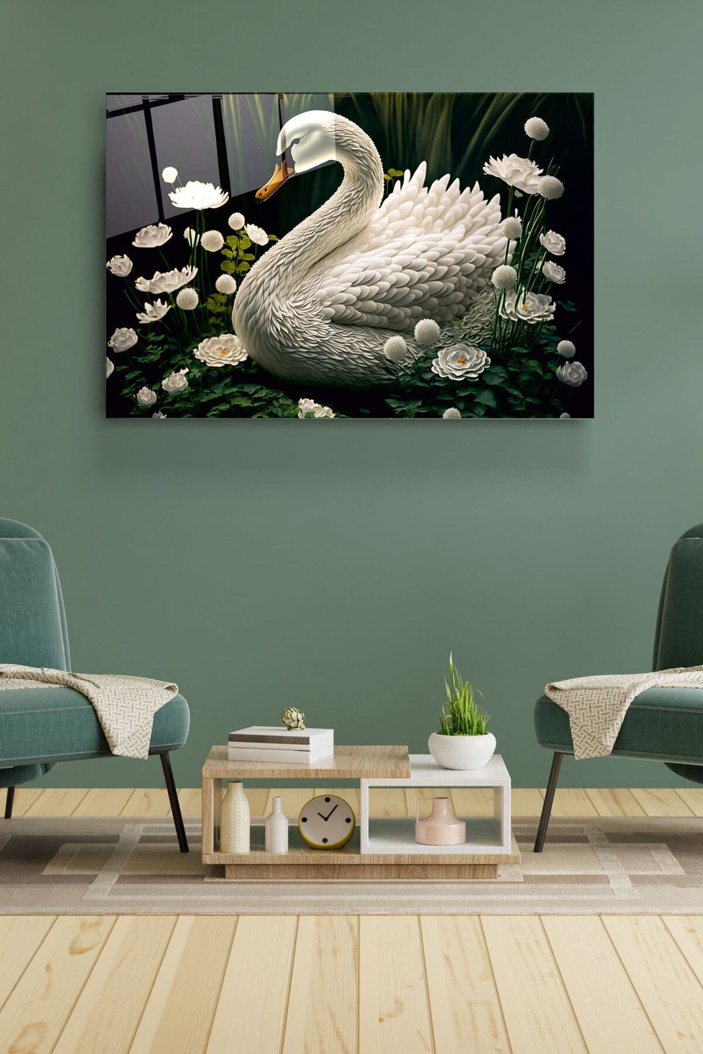 Beyaz Kuğu Cam Tablo, Dekoratif Tablo (30 x 50)