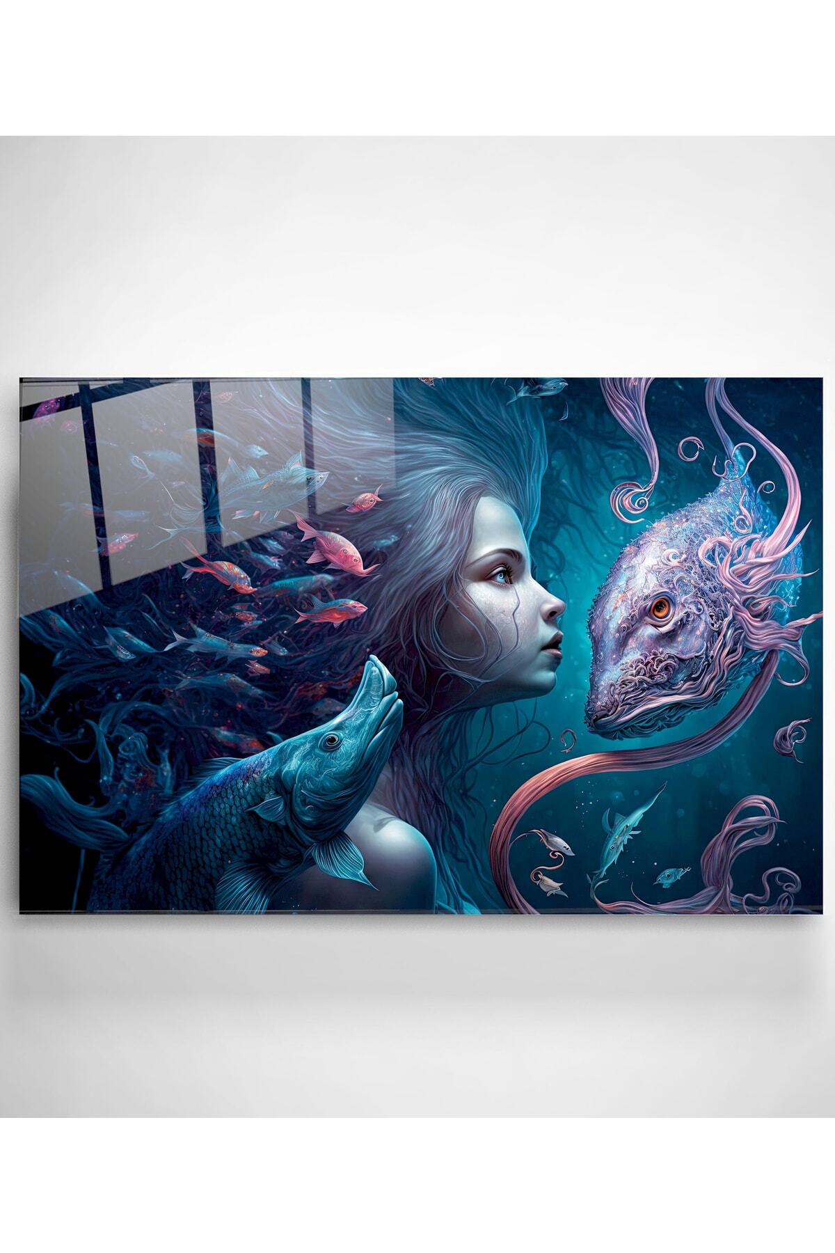 Mermaid And Fishes Cam Tablo, Dekoratif Cam Tablo (60 x 90)
