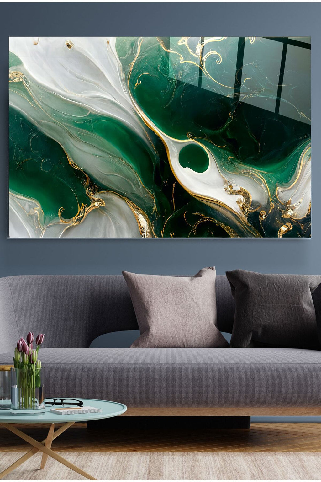 Green And Gold Cam Tablo, Dekoratif Cam Tablo (50 x 70)
