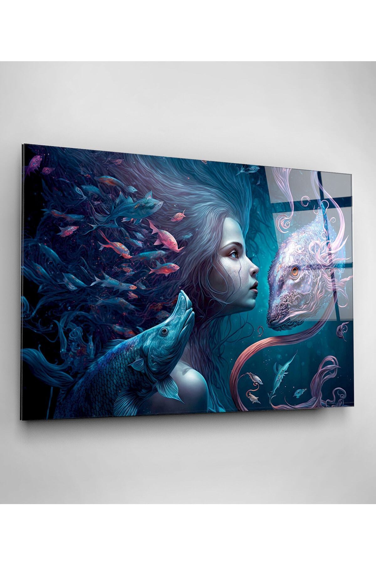 Mermaid And Fishes Cam Tablo, Dekoratif Cam Tablo