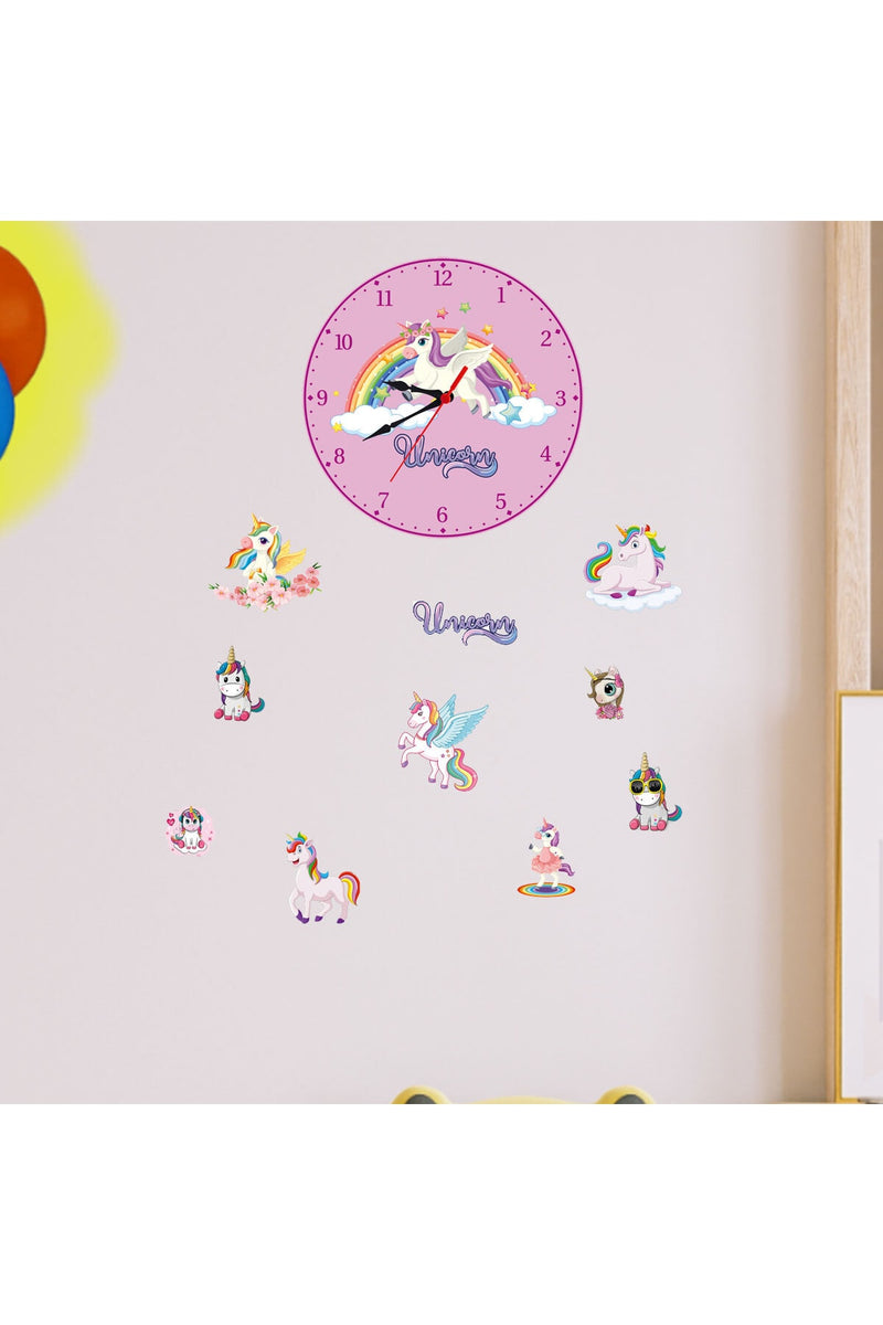 Çocuk Odası Duvar Saati Unıcorn Model Ve Unicorn Temalı Duvar Süsleri + MES Akademi Eğitim Seti Hediye!