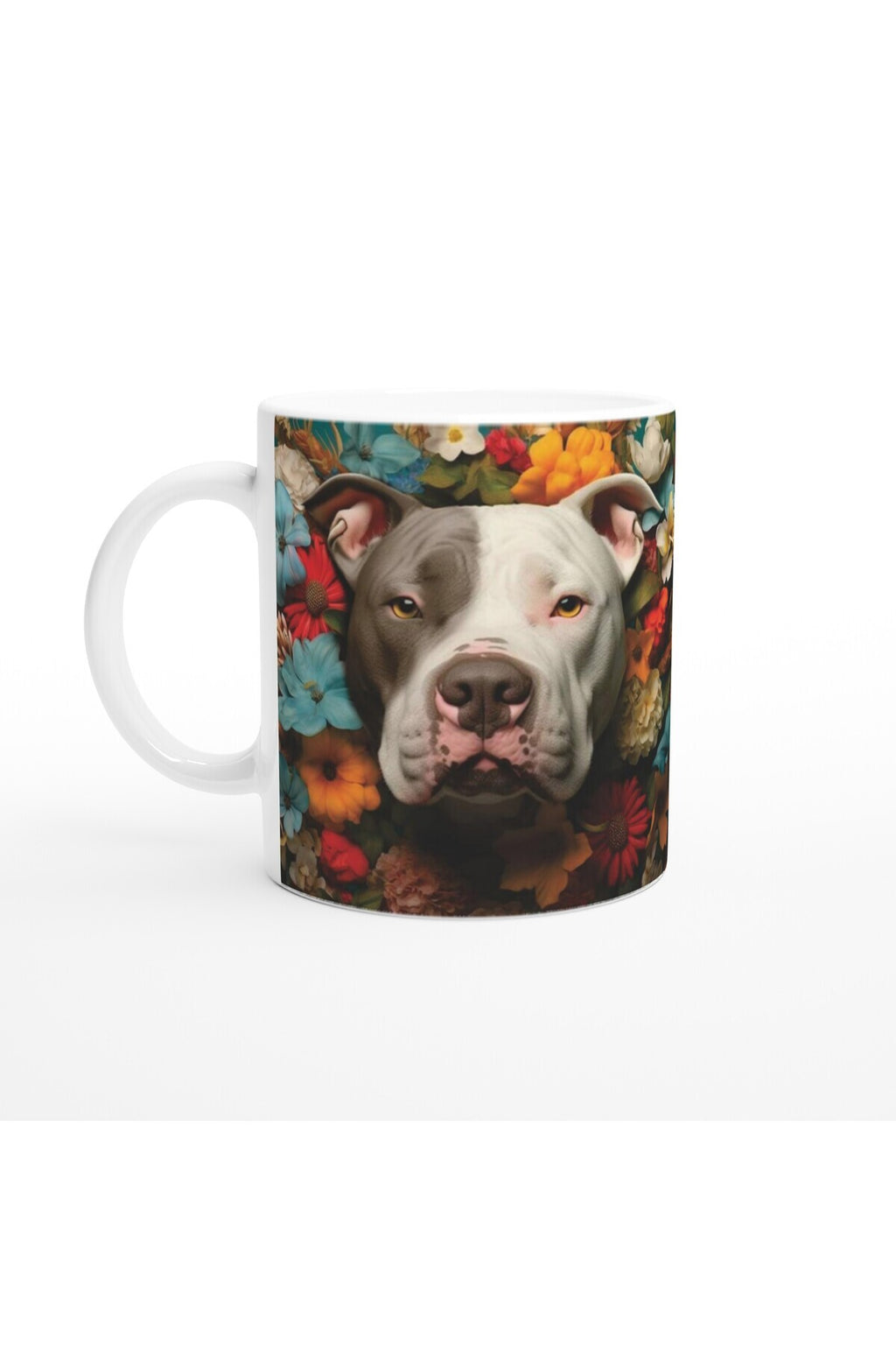 Çiçeklerle Çevrili Sevecen Pitbull Baskılı Kupa Bardak