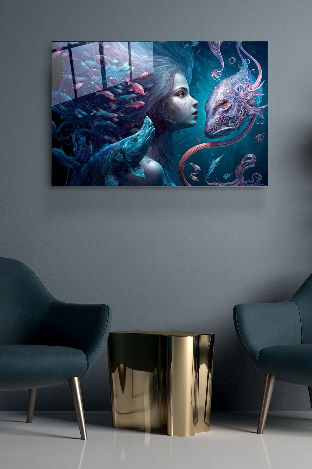 Mermaid And Fishes Cam Tablo, Dekoratif Cam Tablo (80 x 120)