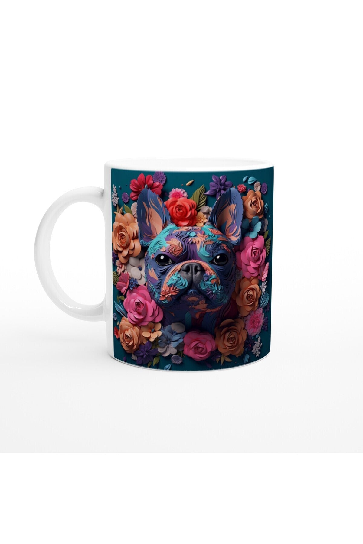 Çiçek Desenli Fransız Bulldog Temalı Baskılı Kupa Bardak