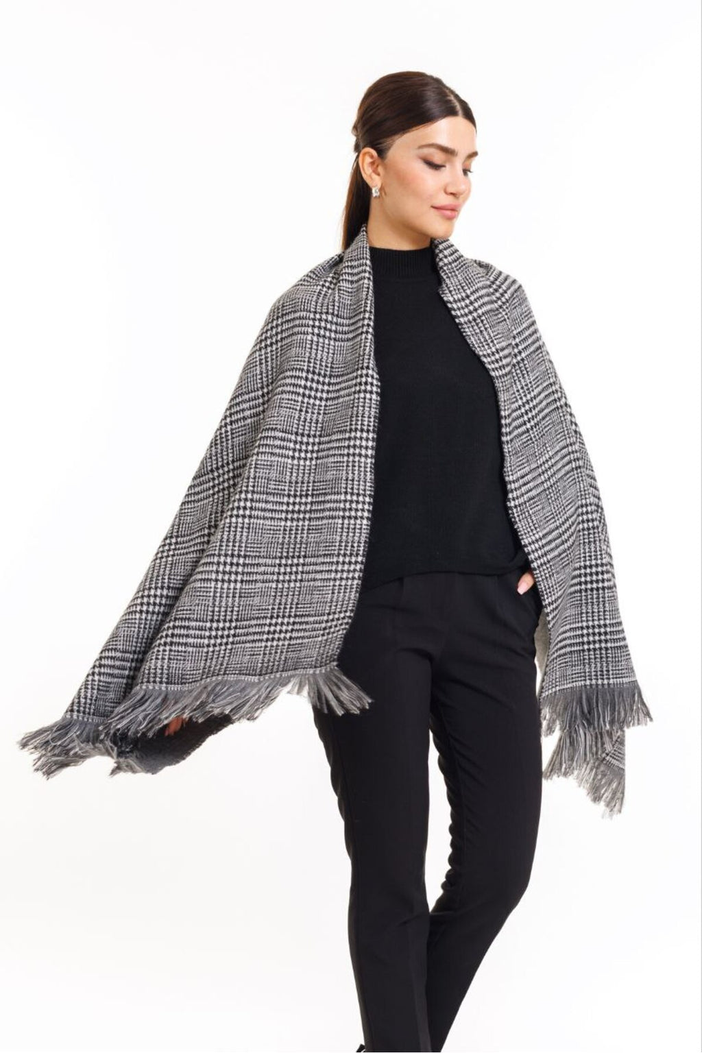 Çift Taraflı Ekoseli Yünlü Omuz Şalı - 70x190cm - Kışlık Şal (Tek Ebat)